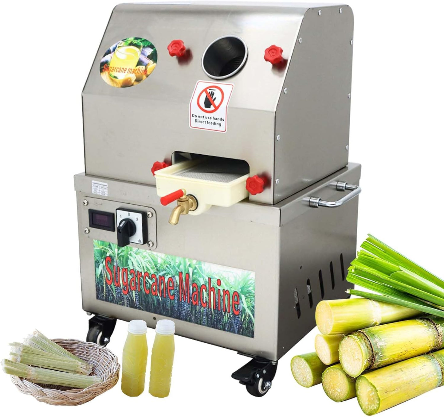 24V DC/110V AC Sugarcane Juice Machine,60%-80% Yield, 3-Roller Stainless Steel Sugar Cane Juicer Machine, Cane Juicer with filter box, for Home or Commercial Use