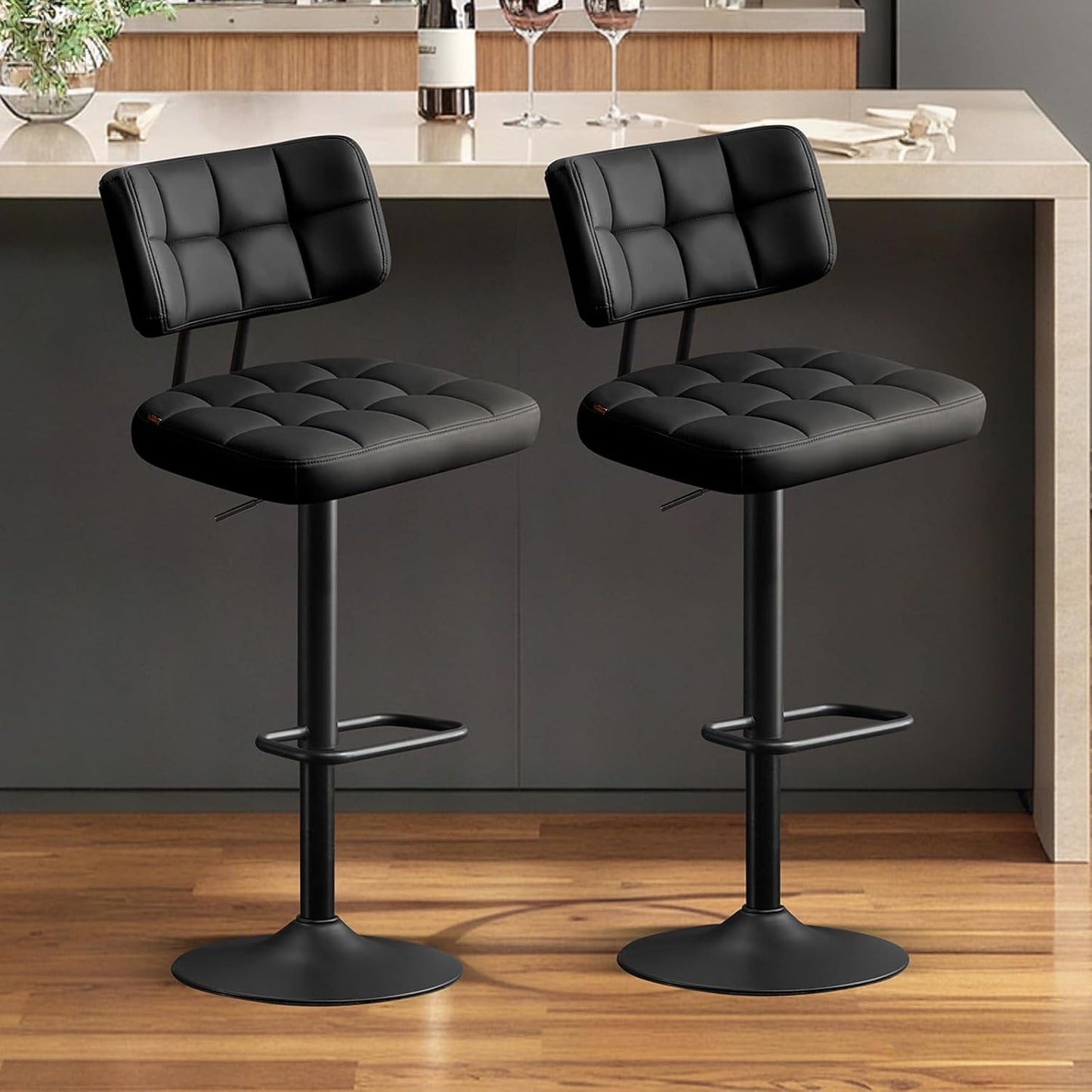 Furniliving Modern Bar Stools Set of 2 Faux Leather, Upholstered Swivel Barstools with Back, Adjustable Bar Chairs Counter Height for Kitchen Island, Dining Space, Black