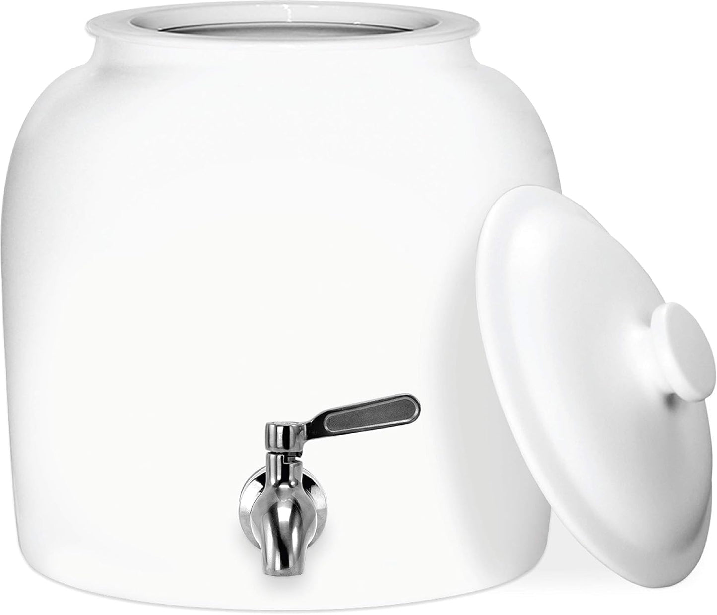 Geo Sports Porcelain Ceramic Crock Water Dispenser, Stainless Steel Faucet, Valve and Lid Included. Fits 3 to 5 Gallon Jugs. (Solid White)