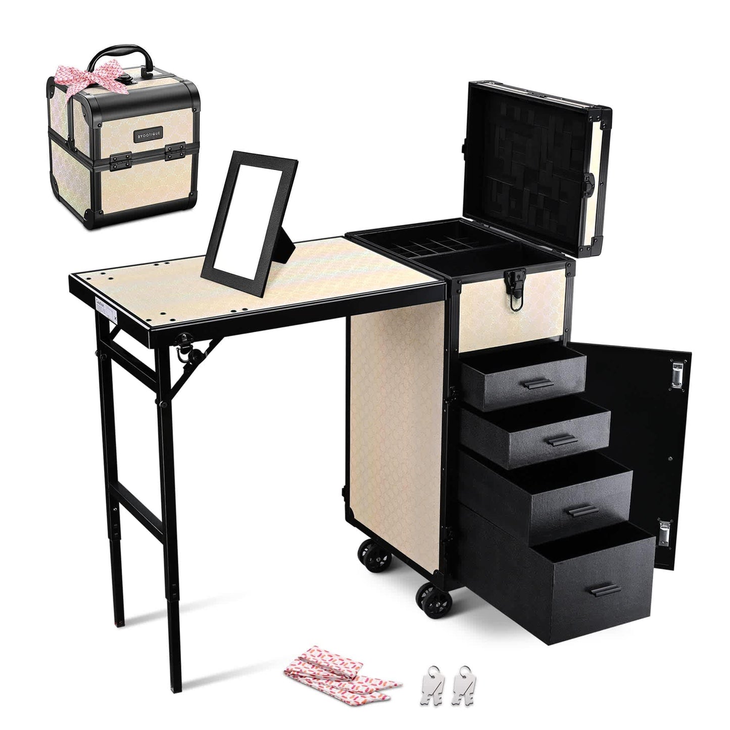 Yescom Byootique Rolling Makeup Train Case Nail Table w/ Cosmetic Cube Case Aluminum