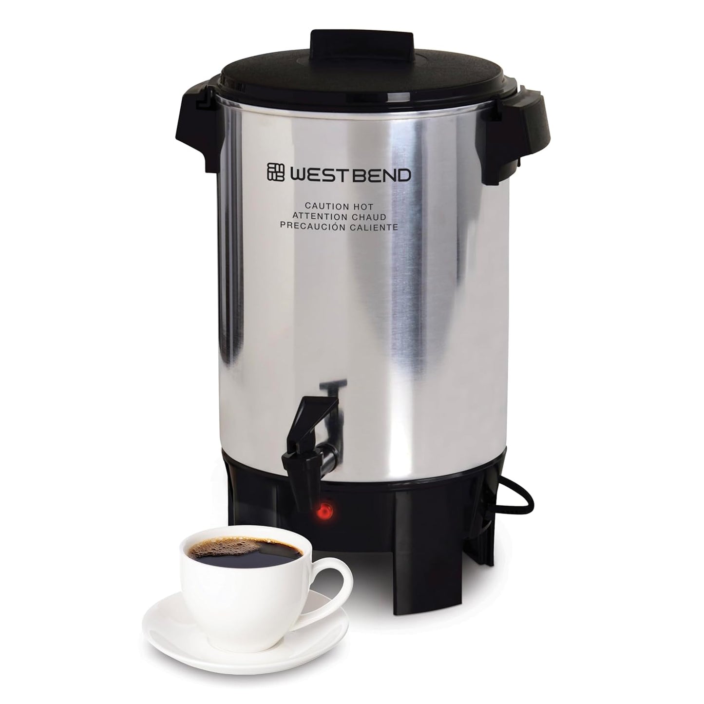 West Bend Coffee Urn Highly-Polished Aluminum Features Automatic Temperature Control with Cup Per Minute Brewing and Easy Clean Up Includes In-Basket Measuring Guide and Ready Light, 30-Cup, Silver