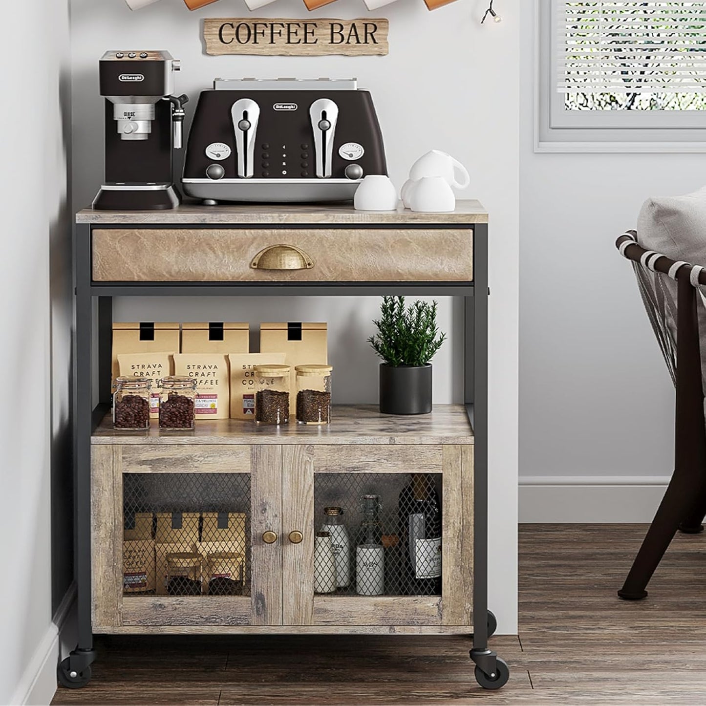 X-cosrack Coffee Bar Cabinet,3 Tiers Kitchen Coffee Cart with Drawer for The Home, Movable Farmhouse Ktichen Station Table on Wheels for Living Room, Entryway, Dining Room, Kitchen