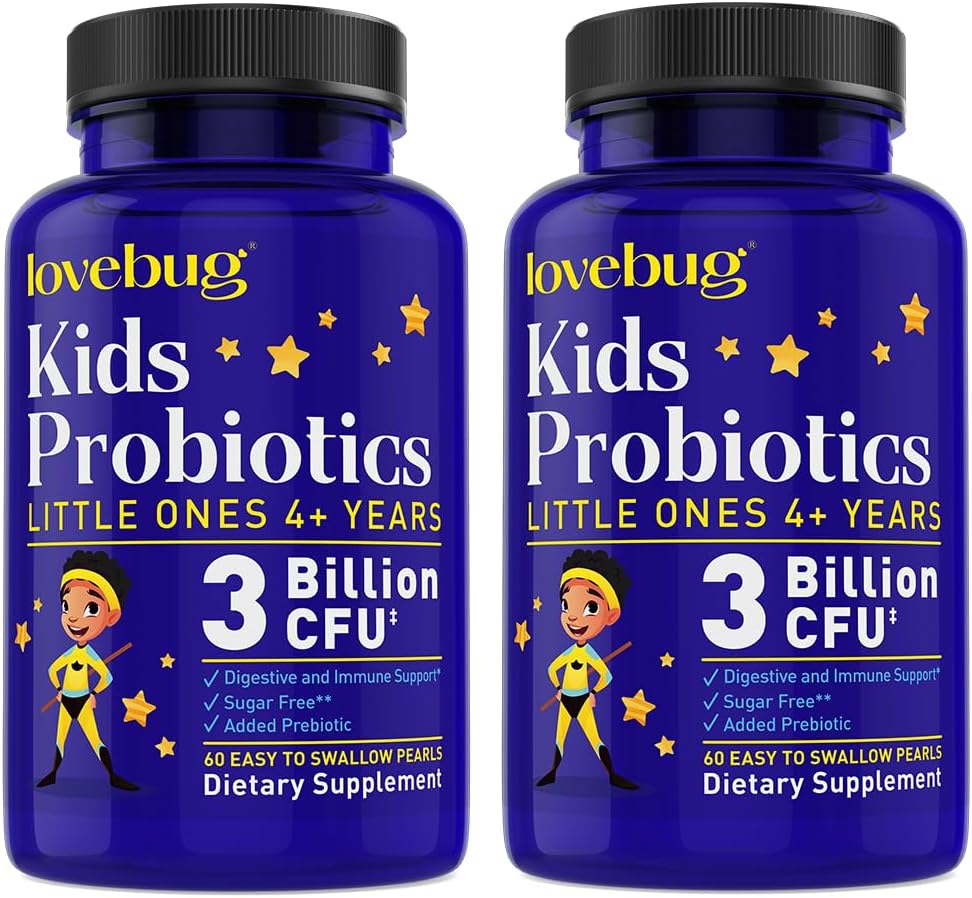 LOVEBUG Probiotics Little Ones Kids Probiotics, 120 Pearls \u2013 3 Billion CFU w\/Added prebiotic Fiber \u2013 Allergen-Free, Non-GMO