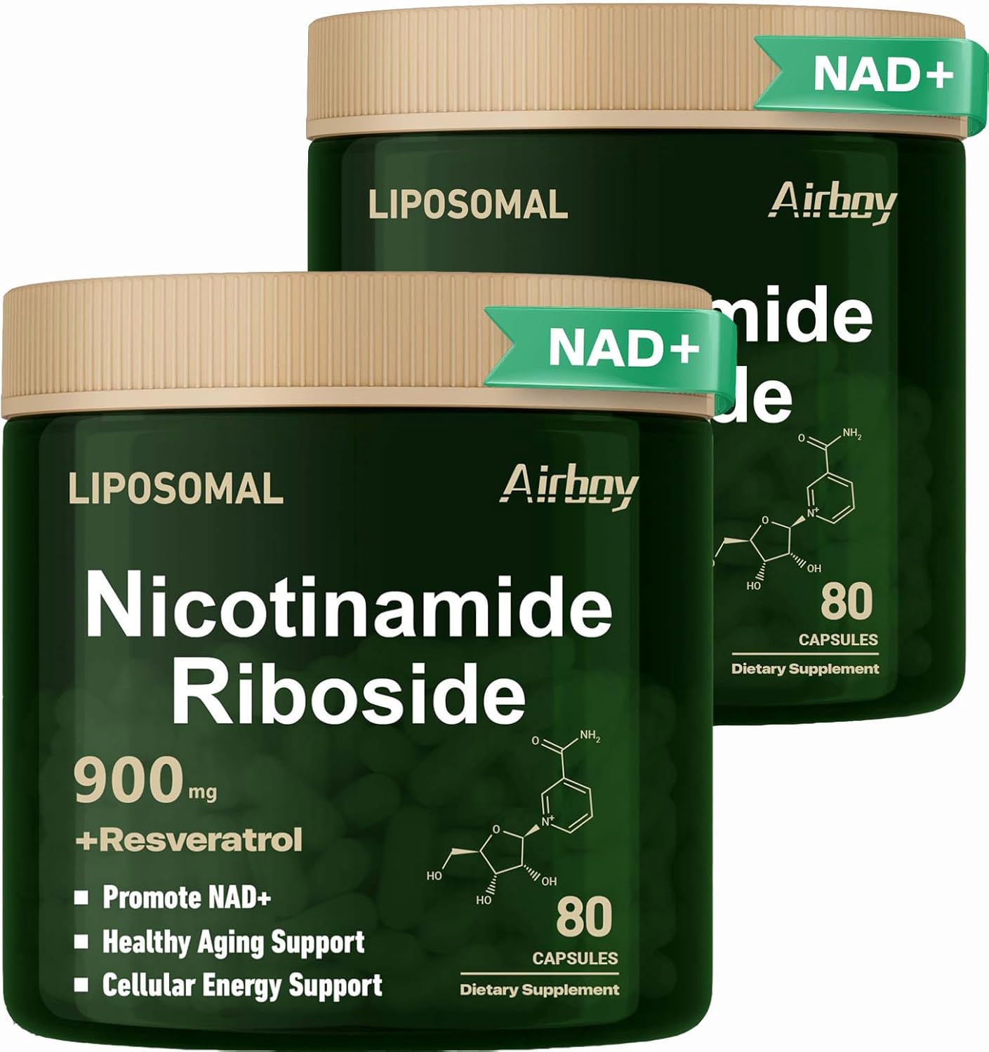 Airboy Liposomal Nicotinamide Riboside 900 mg, NAD Supplement with Resveratrol,NMNH Alternative NAD Booster Support Anti-Aging, Energy, Focus - 80 Capsulesx 2 Pack
