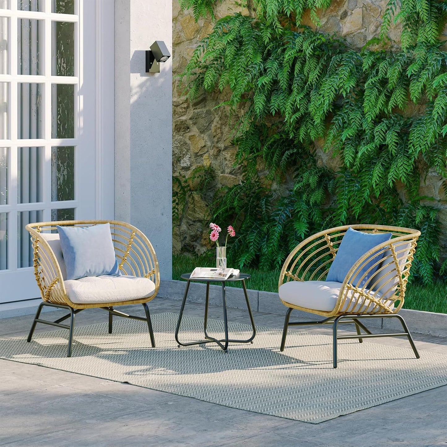 Mondawe Patio Coneversation Sets 3 -Piece Wicker Patio Conversation Set with Beige Polyester Cushions