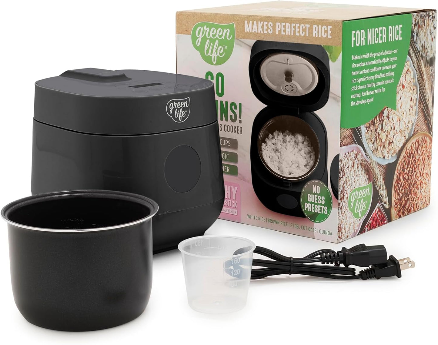 GreenLife Digital Rice Cooker, 2-Cups Uncooked\/4-Cups Cooked, Removable Nonstick Ceramic PFAS-Free Pot, One-Touch Presets, Oats, Quinoa, Brown Rice, Auto Keep Warm, Fuzzy Logic Tech, 1.5 QT, Black