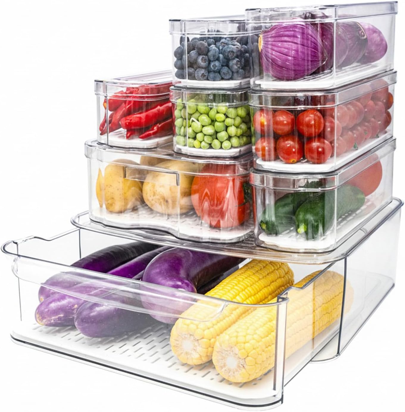 SMRCAD Fridge Organizers and Storage, A Clear Pull-out Drawer Container and 7 Pack Organizer Bins with Lids, Stackable Storage Containers for Fruits, Vegetable (Set of 8)