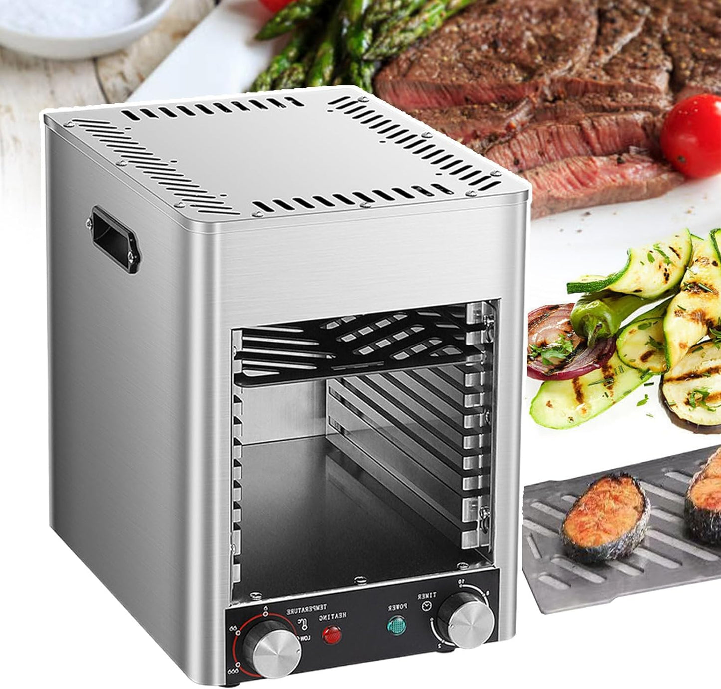 Electric Steak Grill, Portable Indoor Countertop Oven,10min Timing & Temperature Adjustment Max Heats up to 800℃, Broiler Countertop Grill for BBQ/Toast/Broil Chicken/Beef/Vegetables