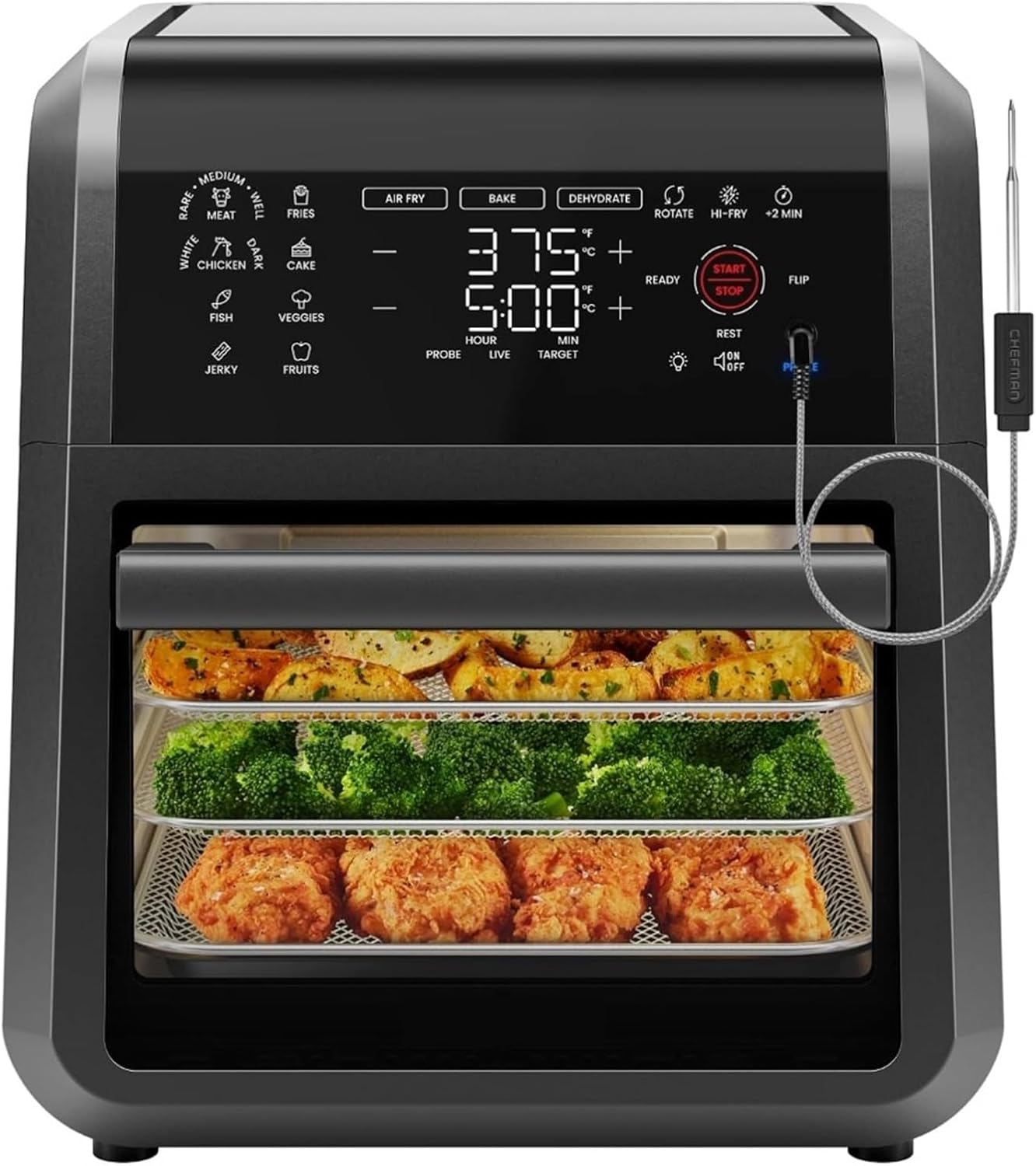 Air Fryer, 12 Qt - Black, Digital Control, Preset Cooking Programs, Touch Control, Bake, Reheat, Roast, Dehydrate, Fry