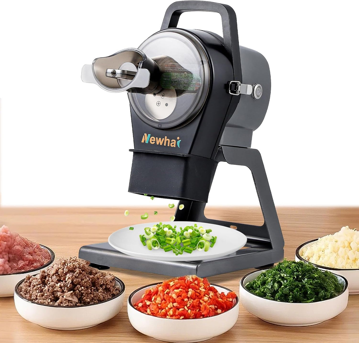 Newhai Commercial Scallion Slicer Spring Onion Chopper Electric Vegetable Cutter for Garlic Ginger Chili Potato Cucumber, 6000BPM, 200W, with 2 Back-up Blade Discs