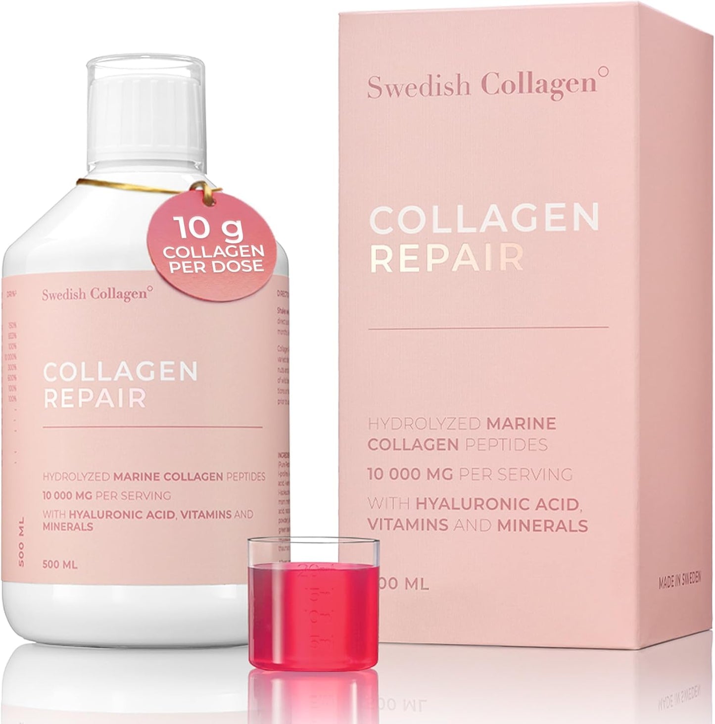Swedish Collagen Repair | 10,000 mg Hydrolyzed Marine Collagen Liquid Supplement - 500 ml, 20 Day Supply I Hyaluronic Acid, Biotin & Vitamin C for Healthy Hair, Skin, Nails & Joints | Sugar-Free