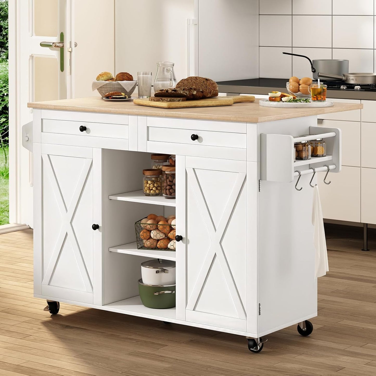 HLR Kitchen Island On Wheels, Rolling Kitchen Island Cart with Drop Leaf Countertop, Barn Door Kitchen Islands Table with Storage Cabinet and Tower Rack, Island Table for Kitchen