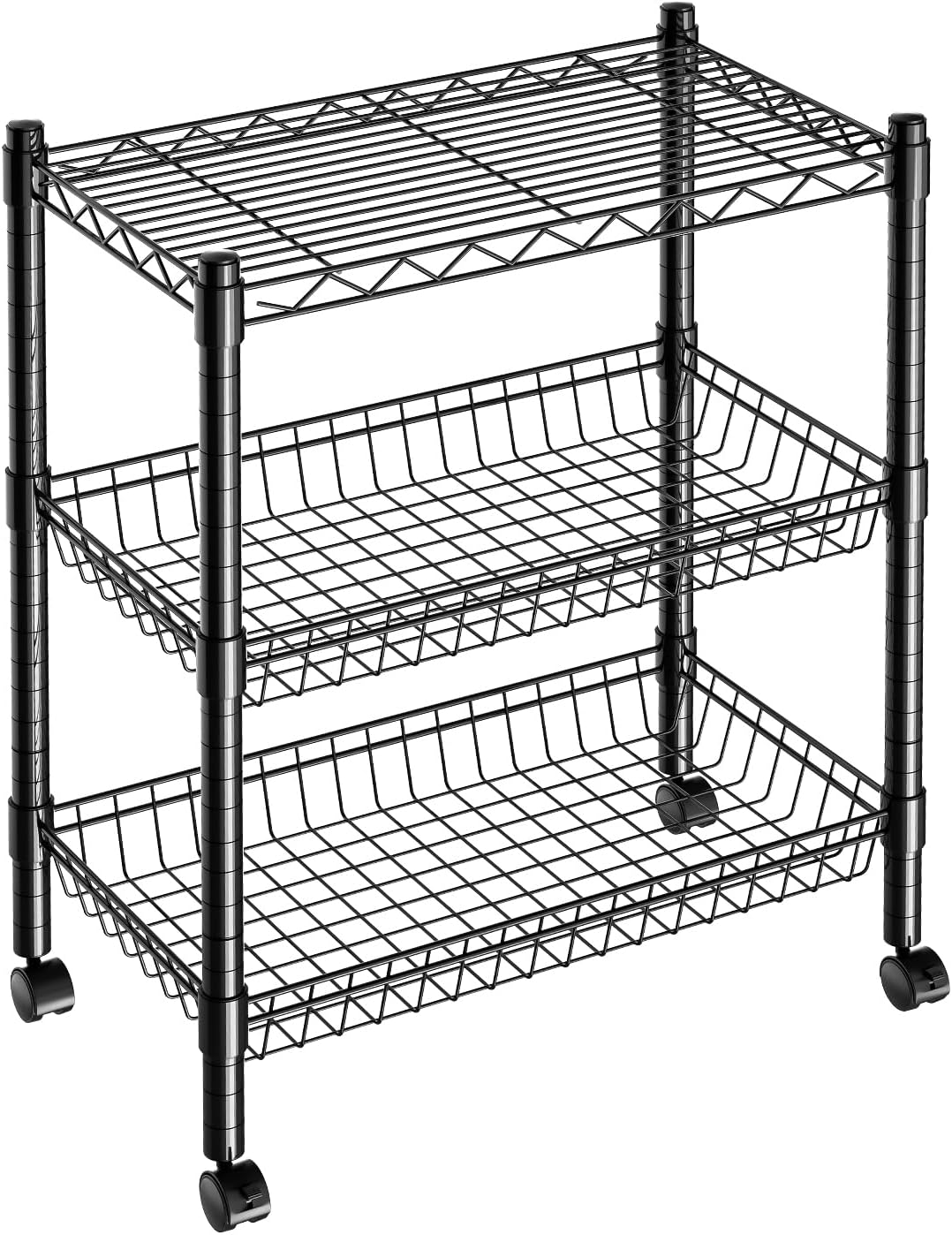 Guan River 3 Tier Rolling Cart Service Cart Wire Basket Shelf Storage Trolley Shelf 2 Bottoms for Choose(Castor or Leveling Feet) for Office,Kitchen,Black(23.23" L x 13.11" W x 32.28" H)