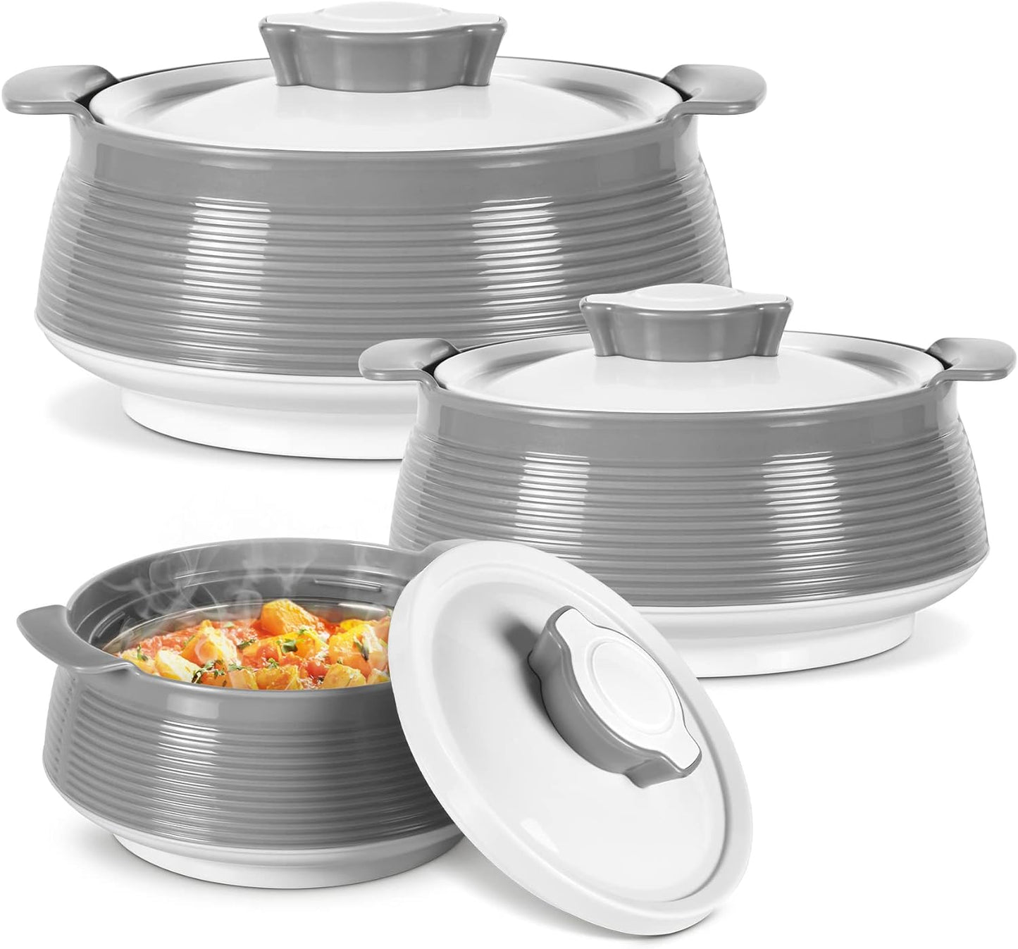 Milton Casserole for Hot Food, Double Walled Insulated Inner Stainless Steel Hot Pot with Lid, Serving box for Food and Roti, Serving Bowl, Set of 3 (Size 62, 45, 28 oz) Venice, Grey