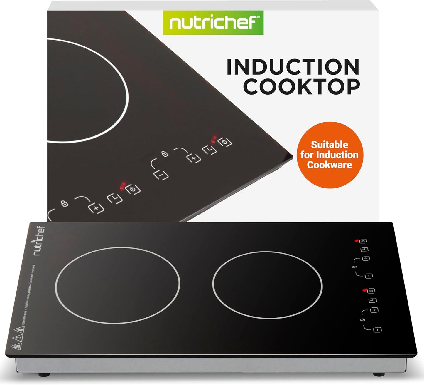 NutriChef Induction Cooktop 2 Burner, Electric Stove - Adjustable Temperature, Digital Touch Sensors, Stain-Resistant/Easy-to-Clean, Induction Hot Plate, 20 x 11 Inch - 1800 Watt