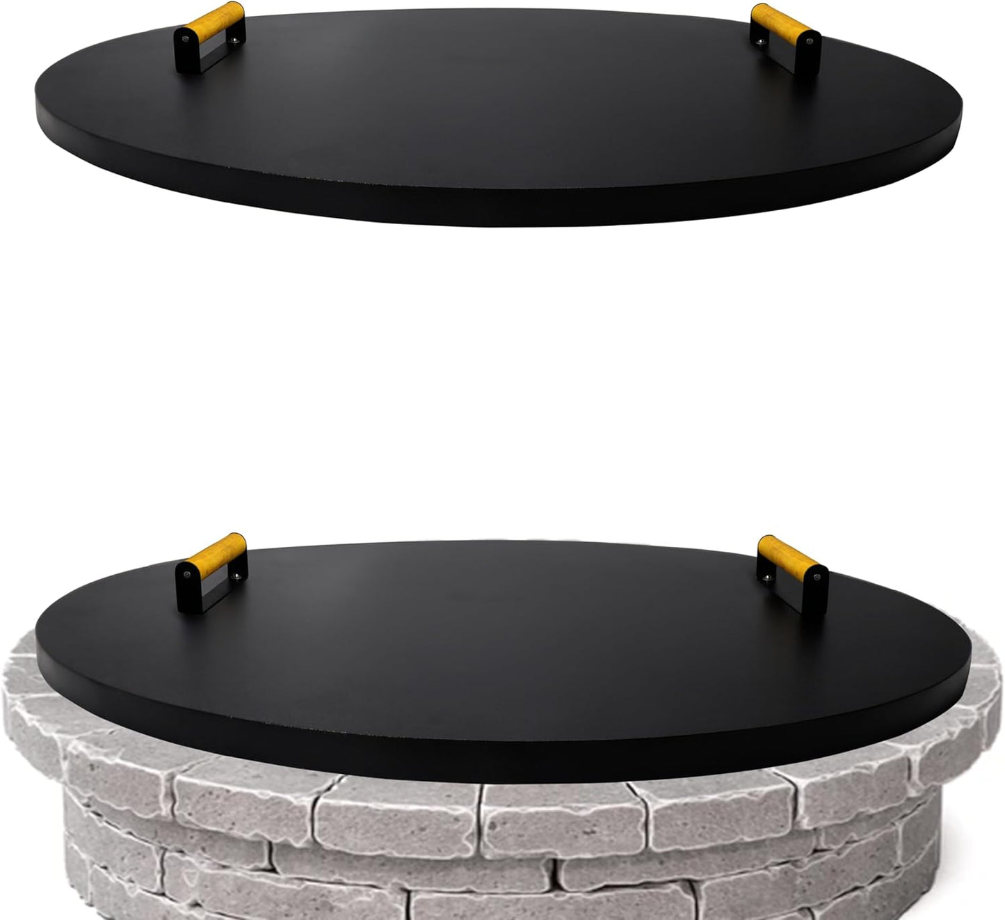 28” firepit lid round for inside up to 26” gas fire pit lid for Outdoor Fireplace Cover - Steel fire pit metal cover W/ 2 Wooden Handles & Powder Coated Snuffer Lid for Round Patio FirePit Ring