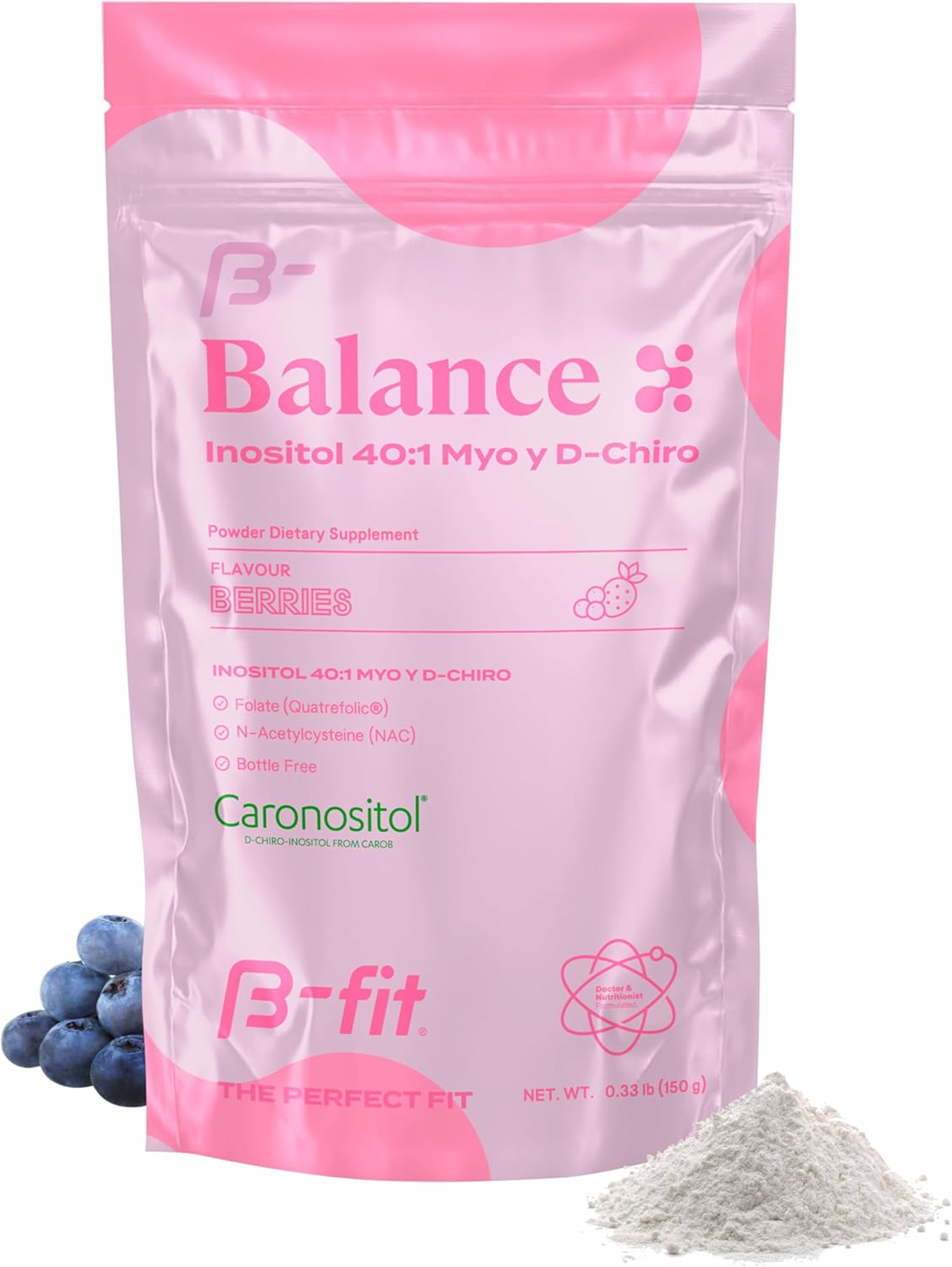 Inositol Balance 150g - Inositol 40:1 Myo & D-Chiro - Powdered Food Supplement - Berry Flavor - Folic Acid - No Additives - 100% Pure - Bottle Free