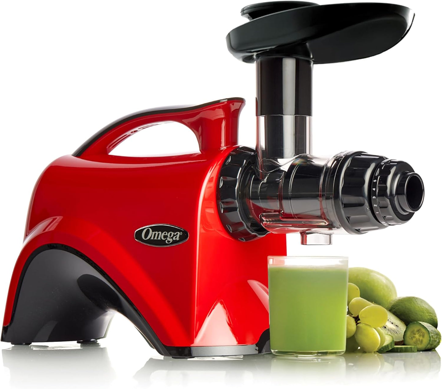 Omega Juicer Premium Vegetable and Fruit Juice Extractor and Nutrition System Makes Nut Milks Baby Food and Sorbets, Adjustable Pressure Settings 80-RPM Slow Masticating Juicer, 150-Watts, Red