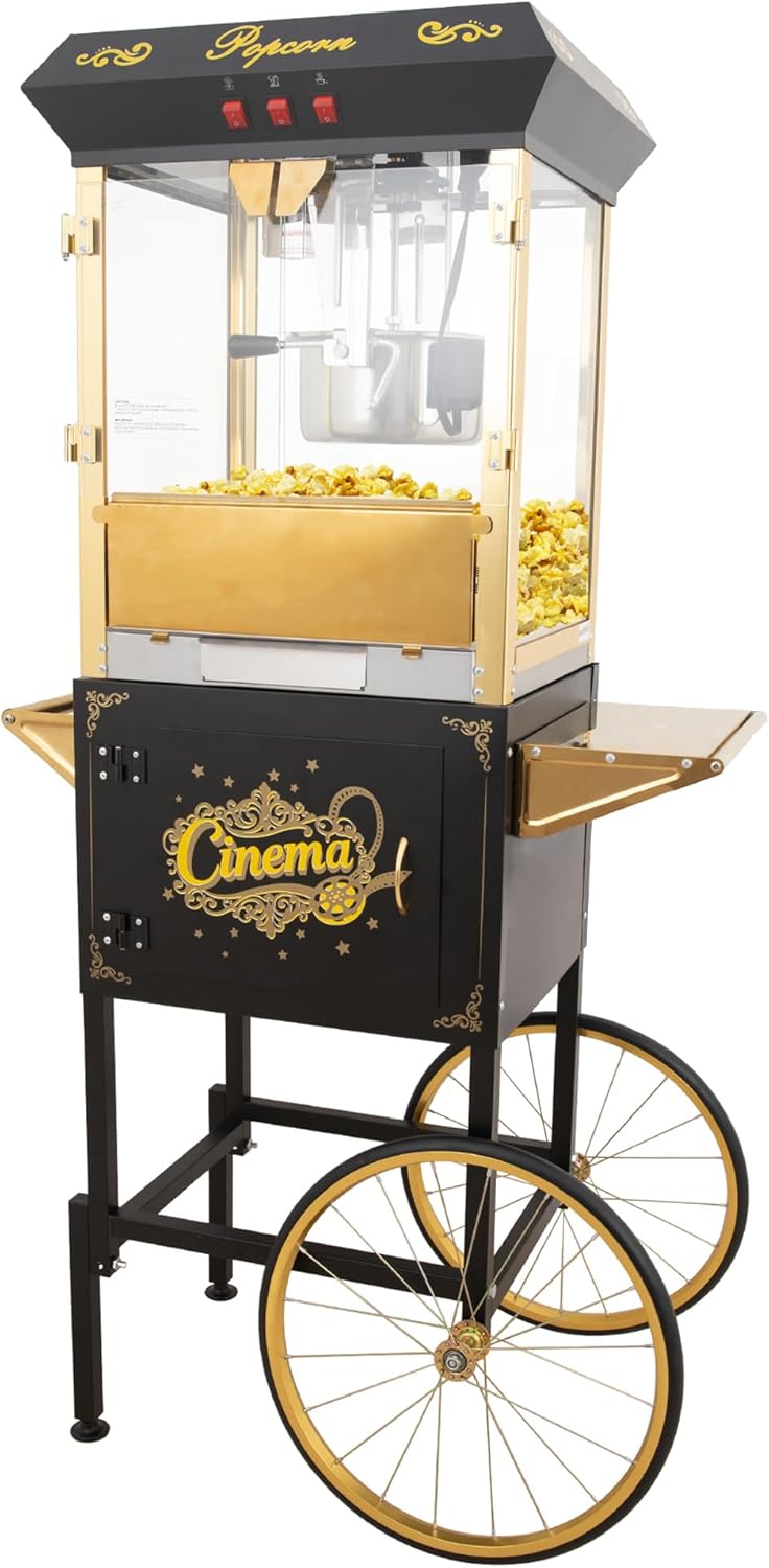 Fsazub 16 OZ Popcorn Cart Machine on Wheels, 850W Popcorn Maker for 64 Cups Popcorn Per Batch, 3-Switch Control Theater Popcorn Machine with Tempered Glass Doors & 1 Scoop 2 Spoons (Black+Gold)