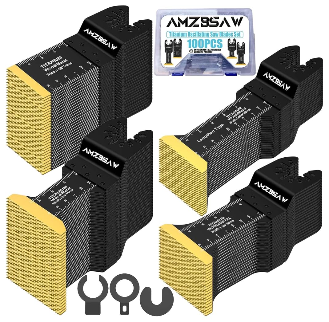 AMZBSAW 100PCS Titanium Oscillating Multitool Blades Metal Cutting, Multi Tool Blades Kits for Metal Nails Wood Plastic and Hard Material, Saw Blades Fit Milwaukee Ryobi Dewalt Bosch, 4 Types