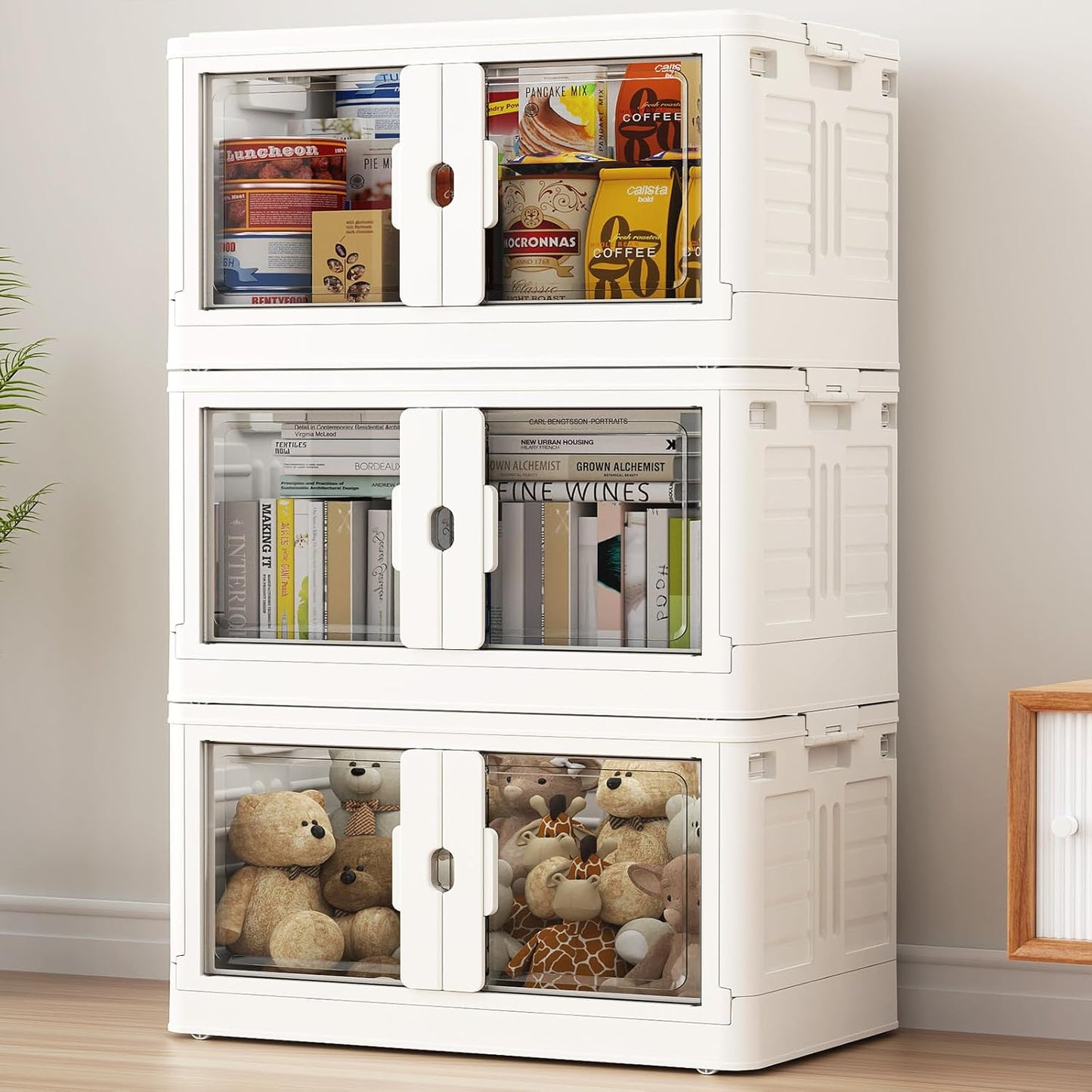 BROVIEW 345Qt Stackable Storage Bins with Individual Lids & Wheels, Large Plastic Collapsible Latching Boxes Closet Organizers and Storage Cabinet Shelves Units for Home Kitchen Dorm, 3-Pack White