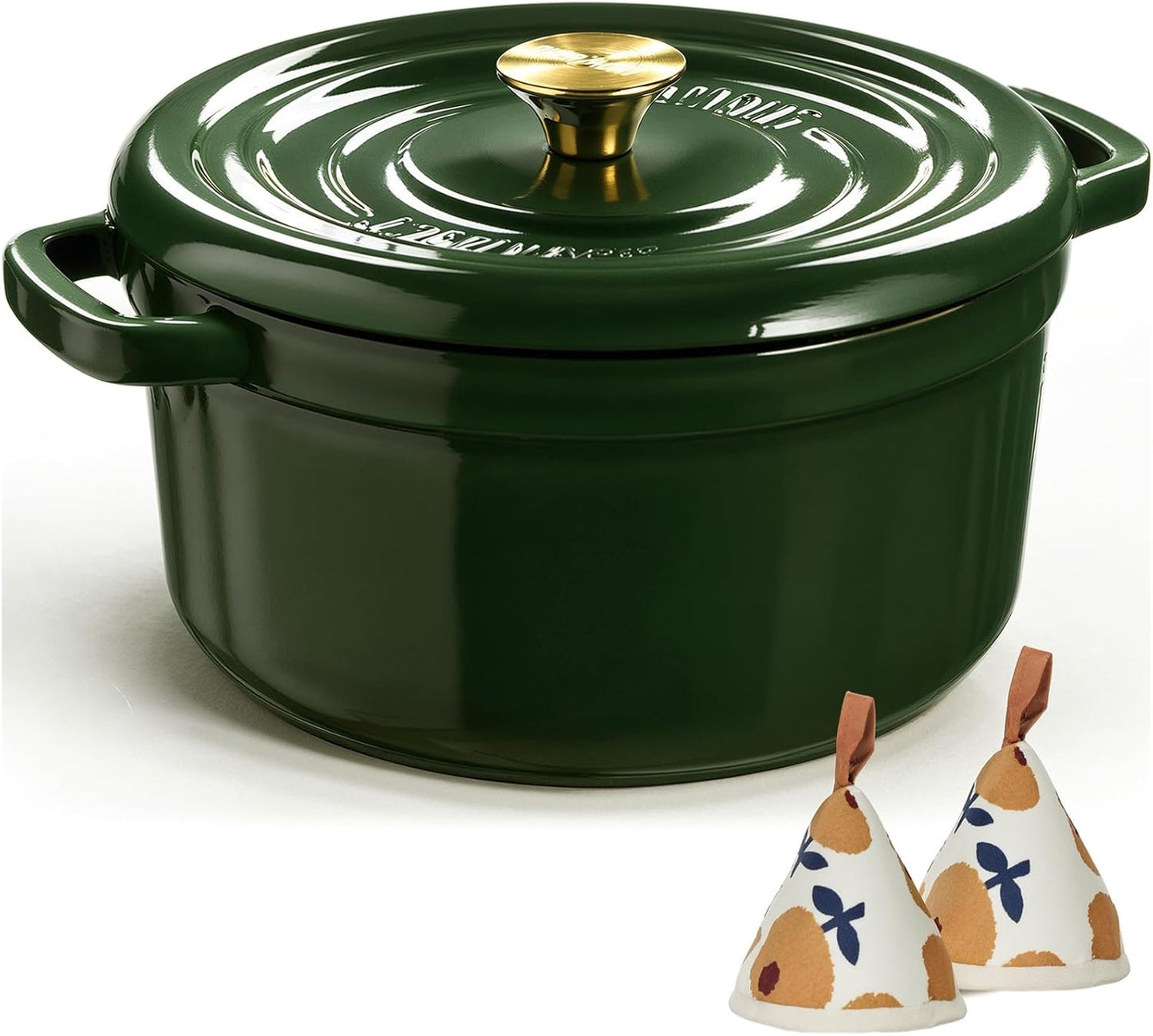 Overmont Enameled Cast Iron Dutch Oven - 5QT Pot with Lid Cookbook & Cotton Potholders - Heavy-Duty Cookware for Braising, Stews, Roasting, Bread Baking moss