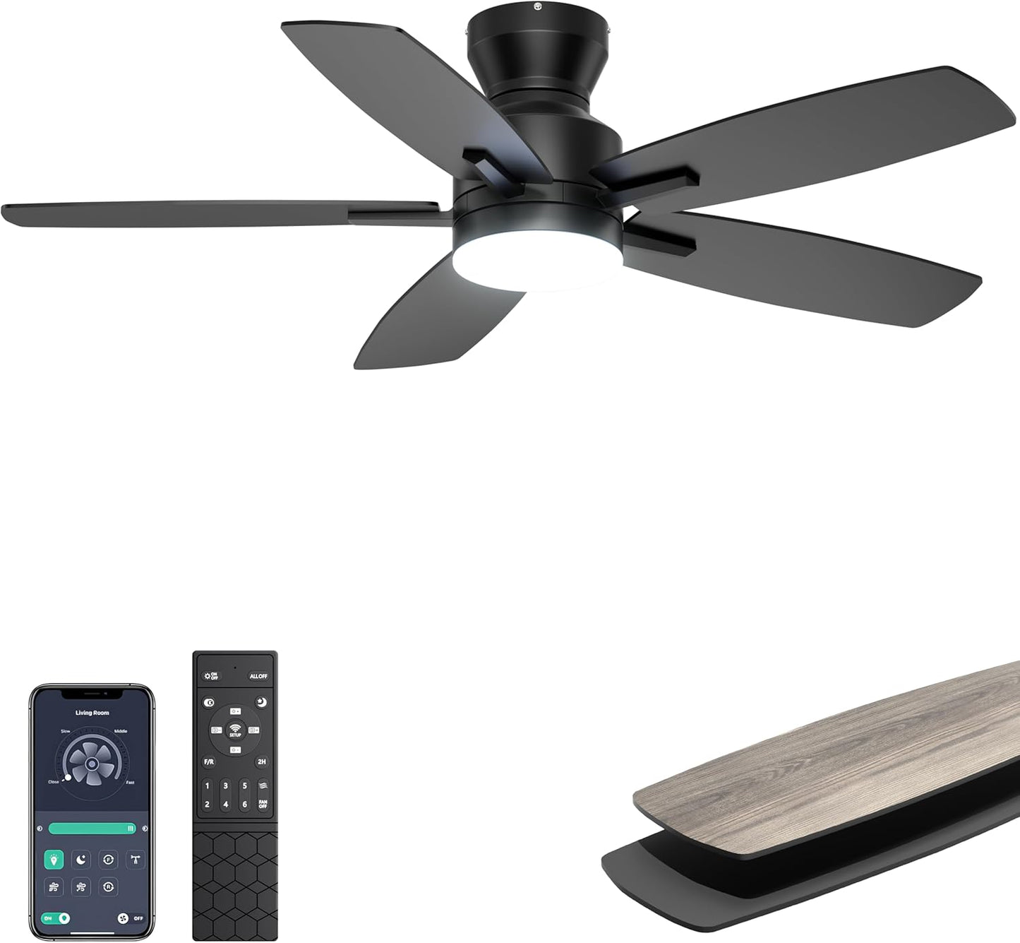 Ohniyou Ceiling Fans with Lights, 42'' Low Profile Ceiling Fan with Light and Remote\/APP Control, Modern Flush Mount Ceiling Fan for Indoor Bedroom Kitchen, Dimmable, Qiuet DC Motor, Black