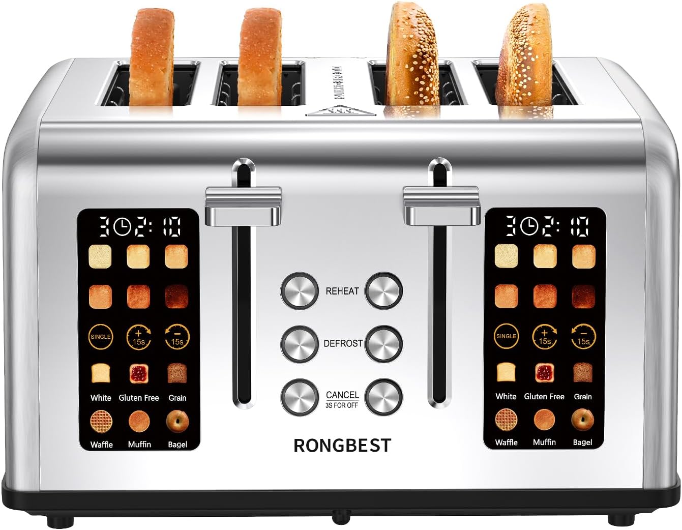 4 Slice Touch Screen Toaster, Stainless Steel Toaster with Wide Slots for Bagels and Bread, Reheat/Defrost/Cancel Functions, Removable Crumb Tray, Silver
