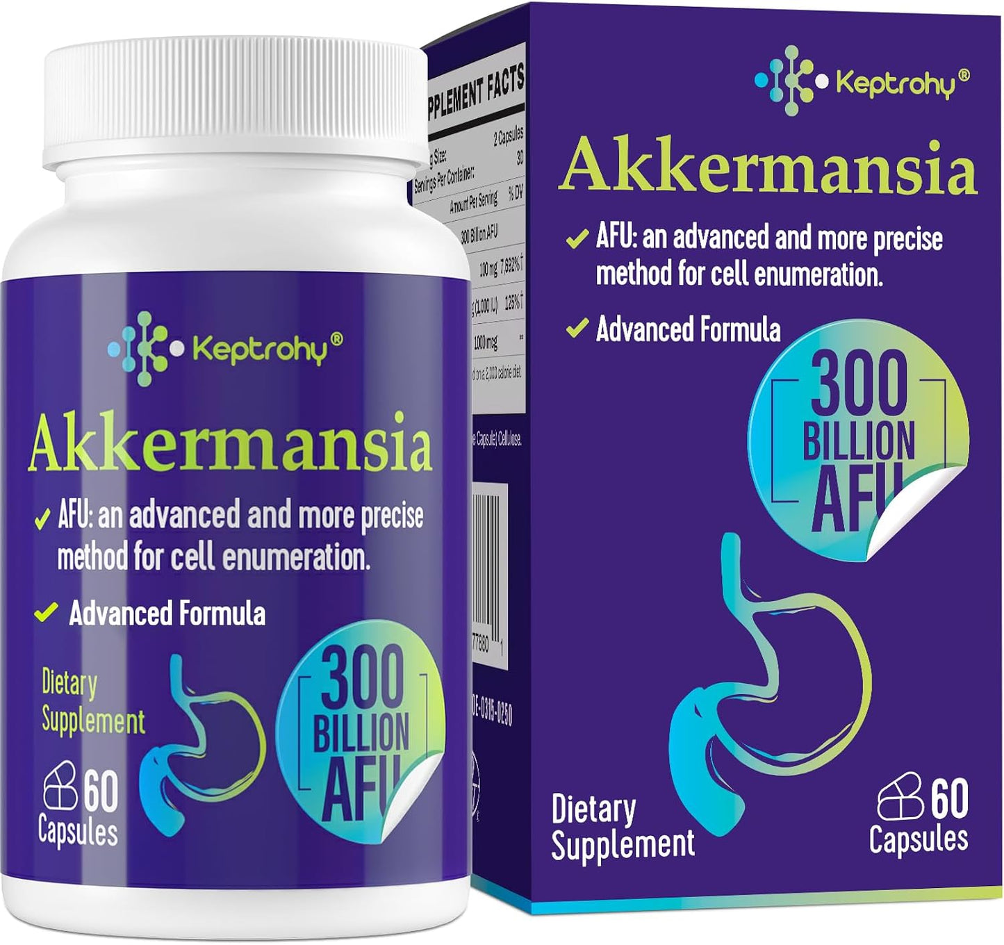 Keptrohy 300 Billion AFU Akkermansia Probiotic for Women & Men, 6-in-1 Akkermansia Muciniphila, 60 Count