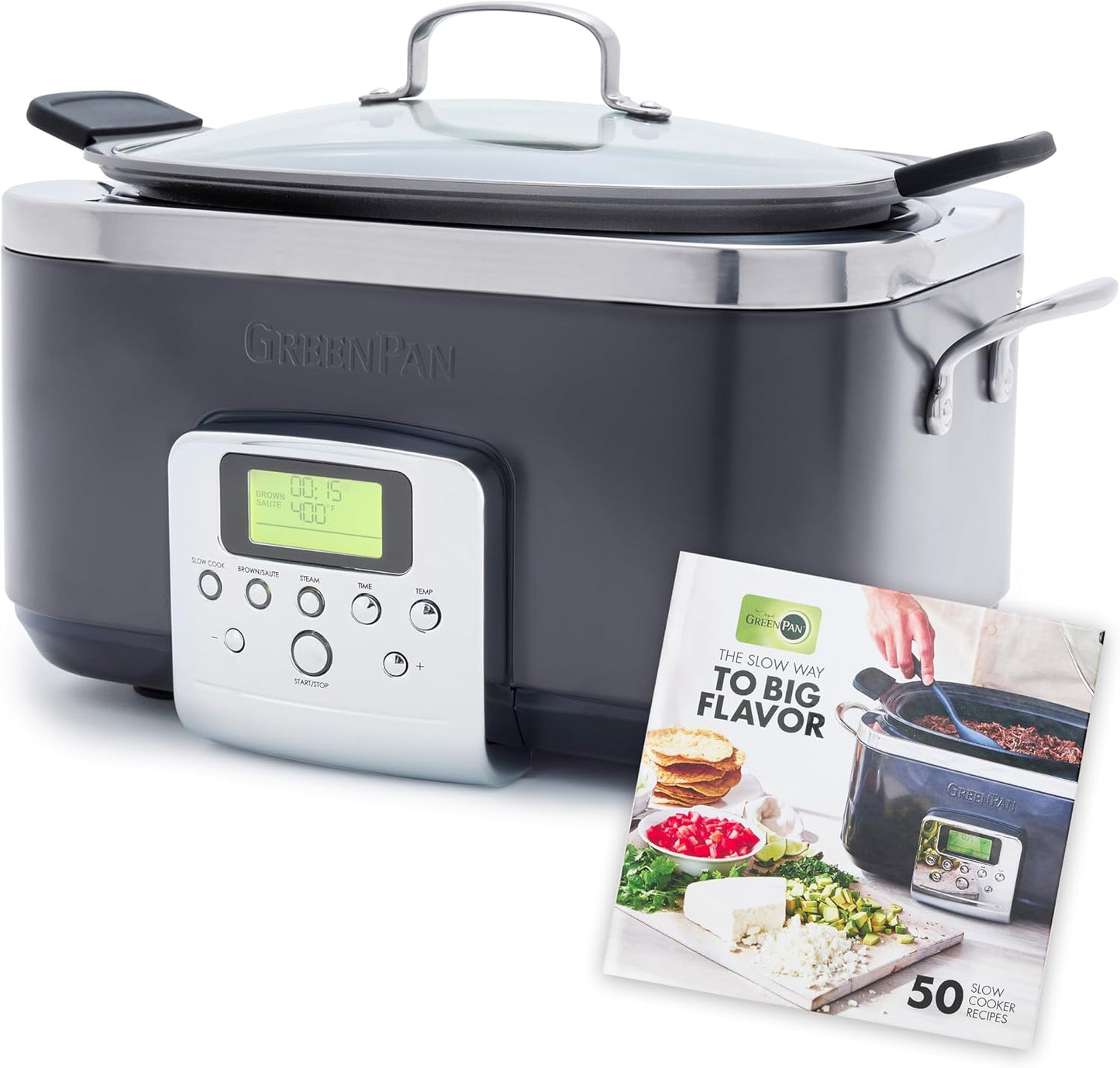 GreenPan Elite 8-in-1 Programmable 6 Quart Electric Slow Cooker, GlassLid & Removable Crock, PFAS-Free Healthy Ceramic Nonstick Multi-Cooker,Sear, Sauté/Brown,Roast, Graphite + Slow Cooker Cookbook