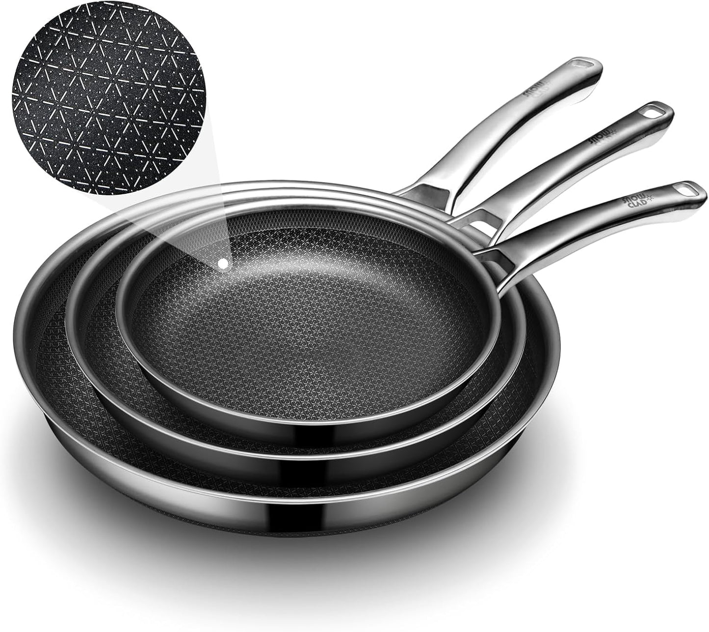 Non Stick Frying Pans Set,Hybrid Pan Set(8+10+12inch) Frying Pans Nonstick for cooking,PFOA Free Induction Cookware Sets,non stick Stainless Steel Skillets,Dishwasher and Oven Safe Kitchen set