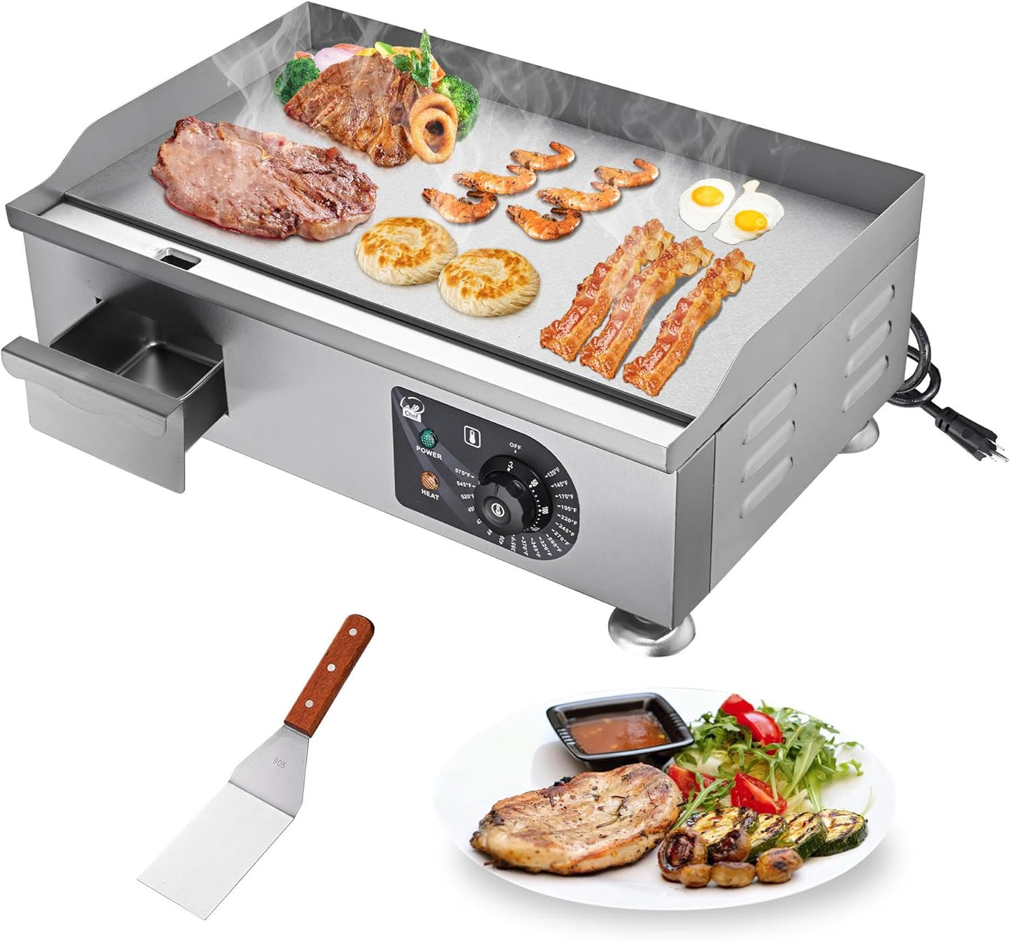 WeChef 22"Commercial Griddle 3000W Electric Countertop Griddle Non-Stick Flat Stainless Steel Adjustable Restaurant Grill Temperature Control Restaurant BBQ Grill