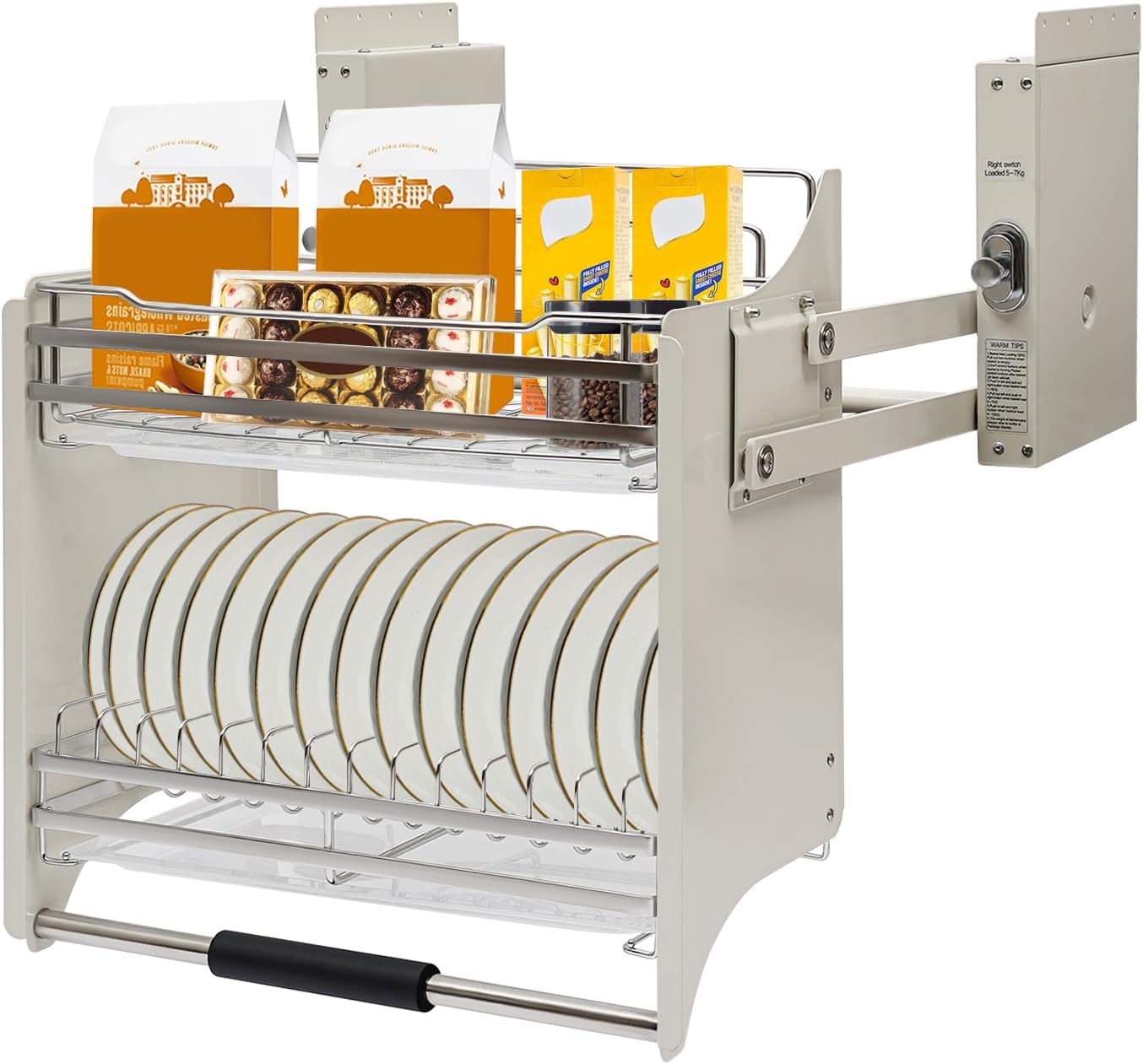 Cabinet Organizer, 2 Tier Pull-Out Cabinet Organizer Spice and Dishes Pull Out Cabinet Storage Shelf Pull Down Heavy Duty Shelf Organizer, Wall Mounted Pantry Storage Shelf for Kitchen