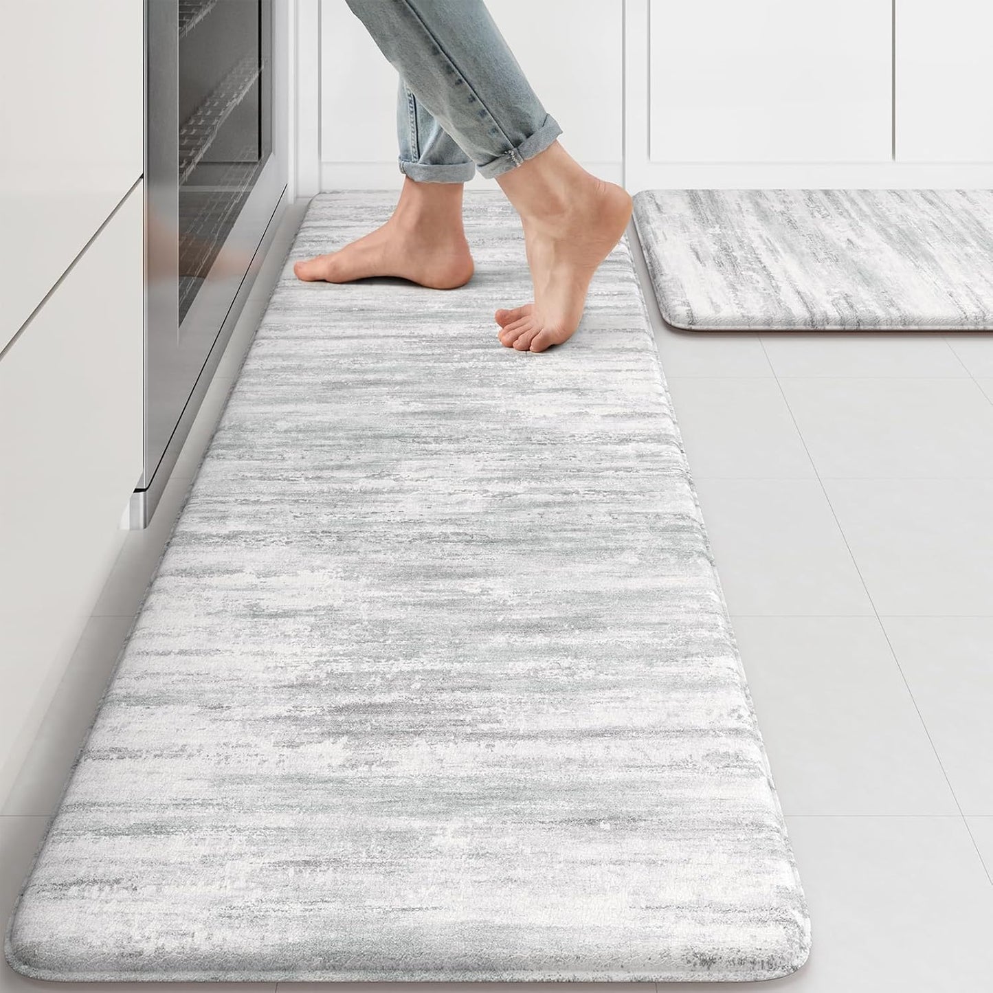 KIMODE Anti Fatigue Kitchen Mats for Floor, Abstract Farmhouse Kitchen Rugs, Cushioned Kitchen Floor Mats, Comfort Standing Mat for Sink, Laundry, Office, Desk Multi-Grey 17"x47"+17"x29"