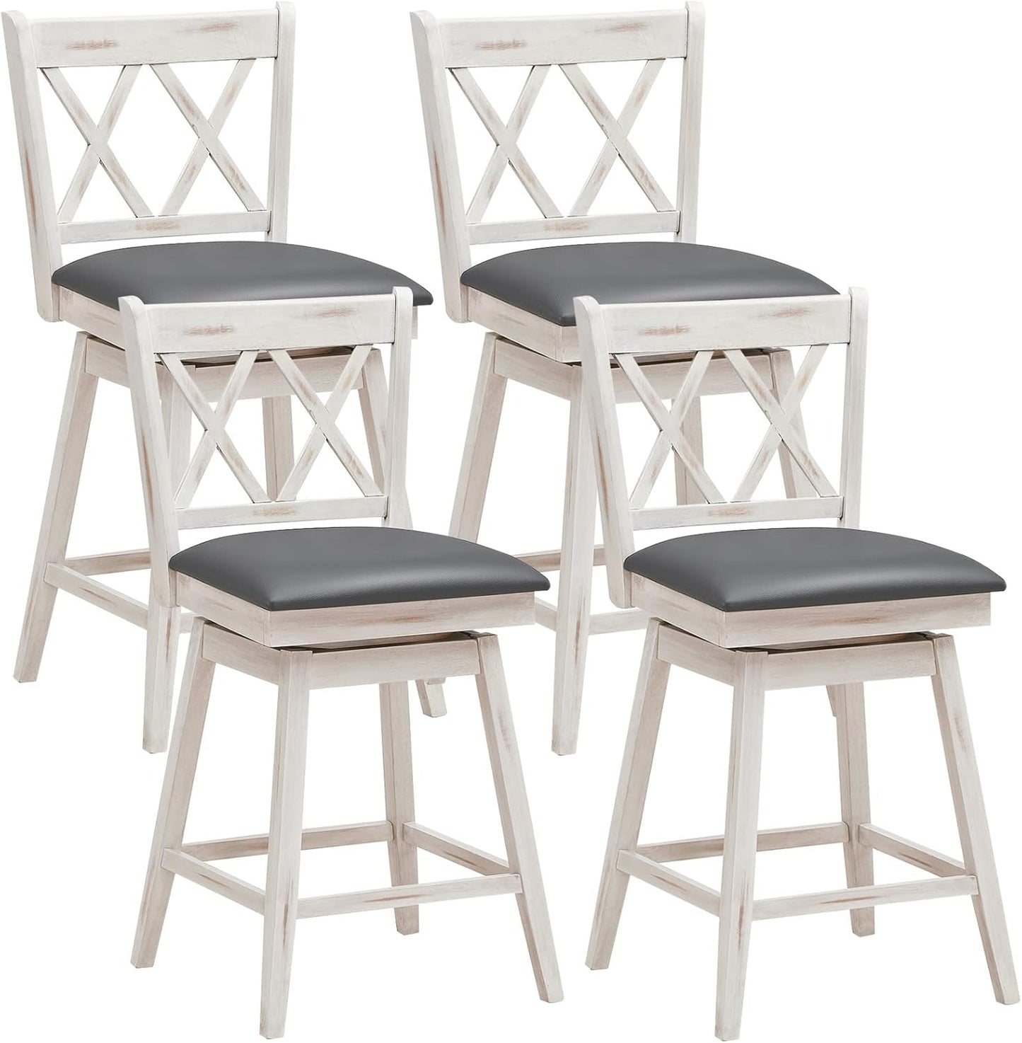 COSTWAY Bar Stool Set of 4, 360 ° Swivel Counter Height 25inch Bar Stool with Foot Rest Upholstered Cushion & Ergonomic Backrest, Sturdy Frame, for Pub, Kitchen Islands (4, Antique White + Grey)