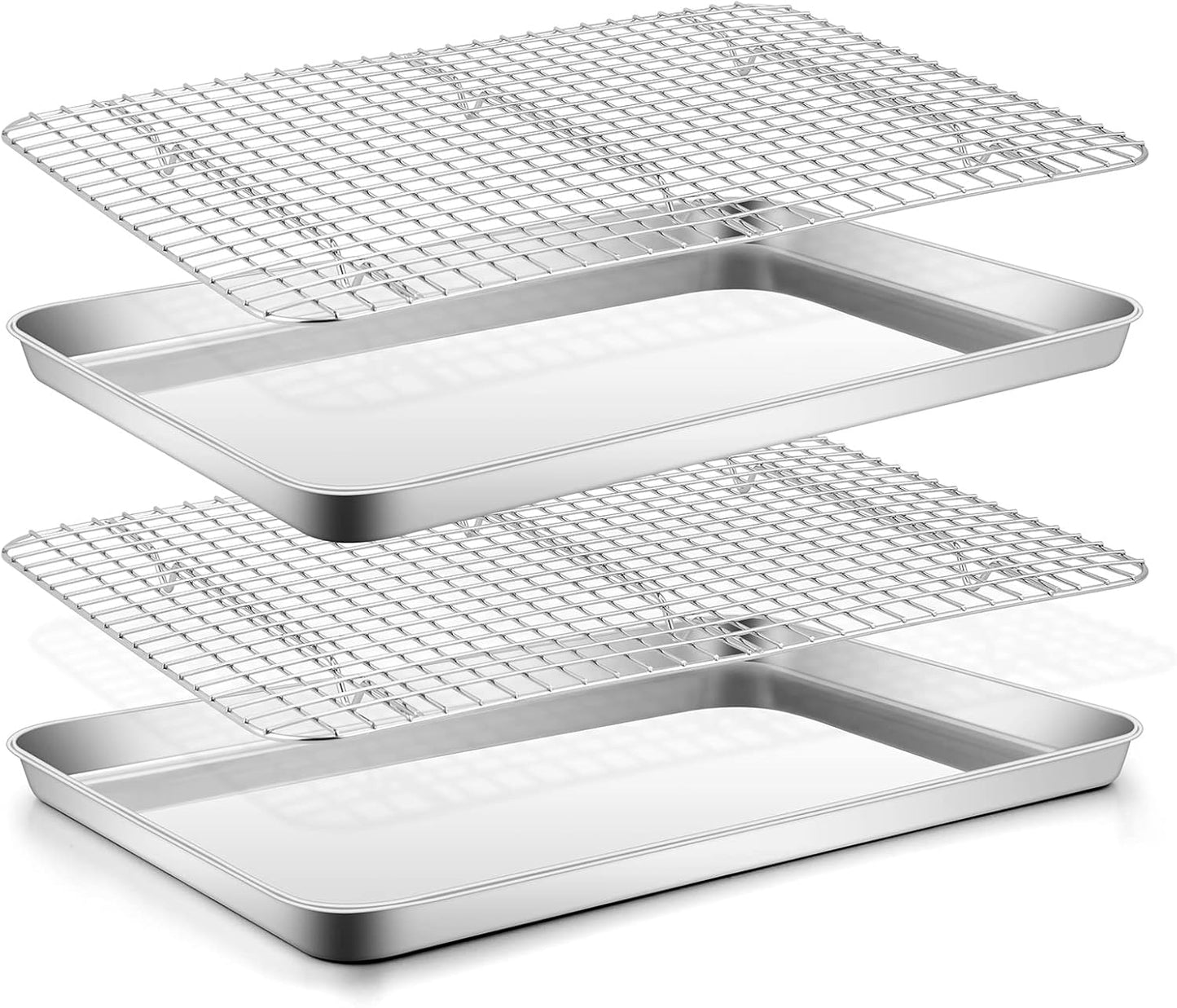 Stainless Steel Baking Sheet with Rack Set, E-far 16\u201Dx12\u201D Cookie Sheet Pan for Oven, Rimmed Metal Tray with Wire Cooling Rack for Cooking Roasting Resting Bacon Meat Steak - Dishwasher Safe