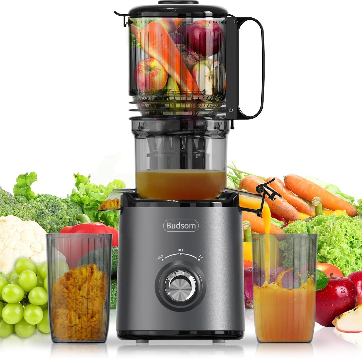 Budsom Cold Press Juicer Machine: 300W Slow Masticating Juicer for Whole Fruits & Vegetables, 5.3" Wide Feed Chute, High Juice Yield, Easy to Clean, Quiet 55 RPM, Juice Extractor for Home & Kitchen