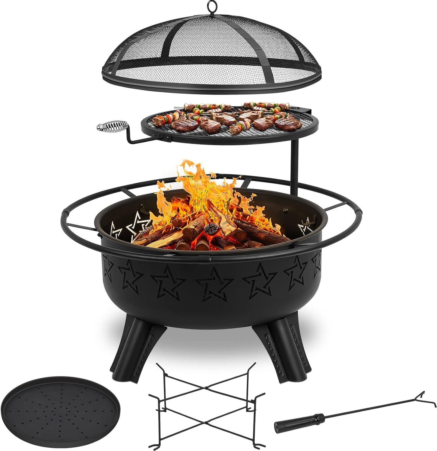 Gbekery 31" 2-in-1 Wood Burning Fire Pit with Swivel BBQ Grills & Spark Screen for Outside - Heavy Duty Outdoor Firepit with Charcoal Pan, Log Rack & Poker - for Backyard, Patio, Garden Bonfire