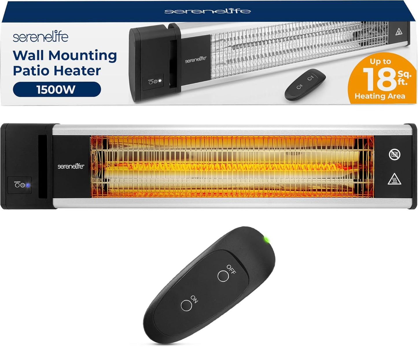 SereneLife Infrared Patio Heater, Wall-Mounted Electric Heater with Remote, 1500W, IP65 Approved, Odorless, Indoor\/Outdoor for Patio, Restaurant, Backyard, Garage, Decks