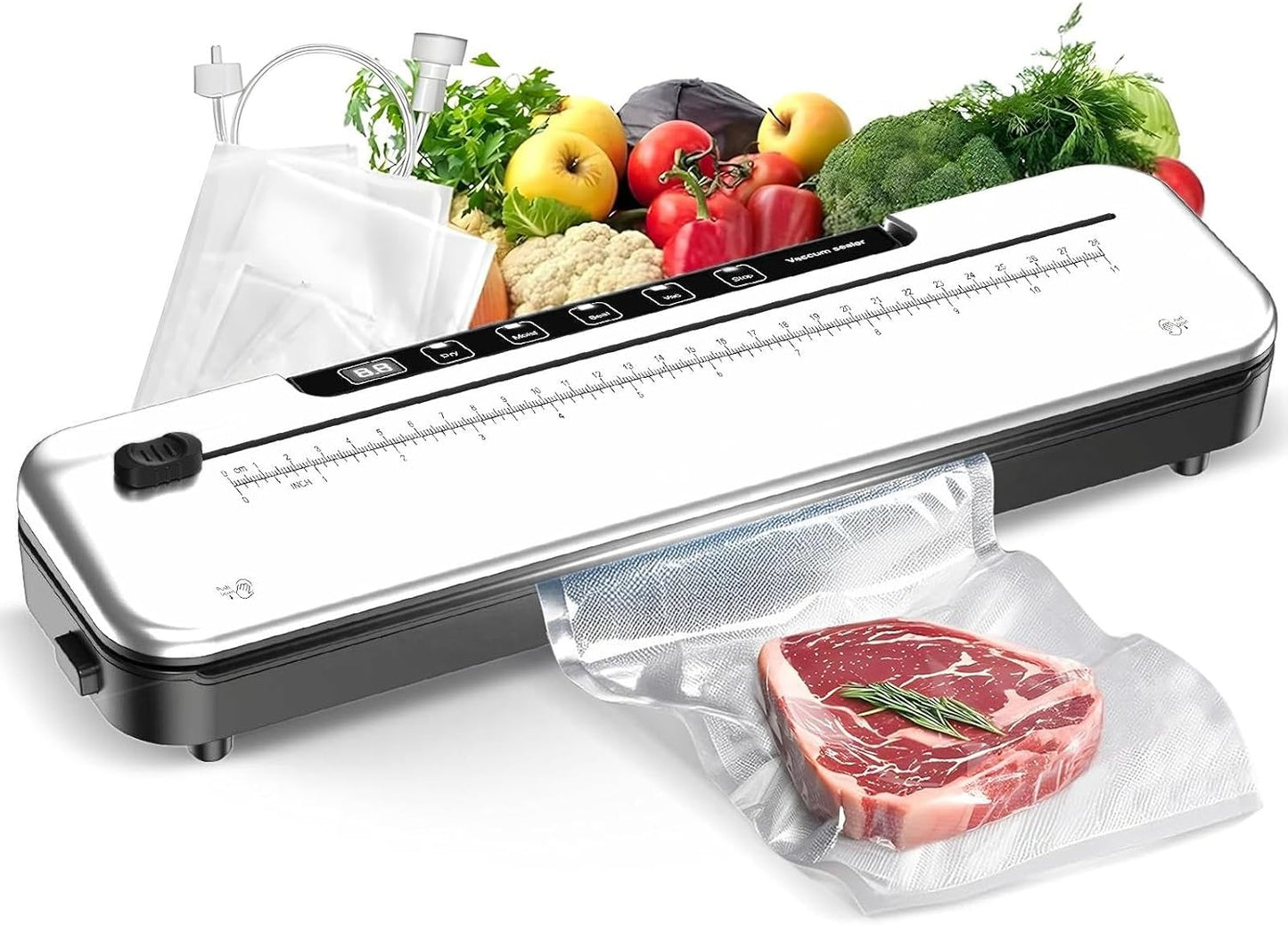 Vacuum Sealer Machine for Food Preservation, 6-in-1 Food Sealer for Freshness Storage, 75kpa Compact Vacuum Sealing Machine with External Sliding Blade, Digital Countdown Timer Black,Silver
