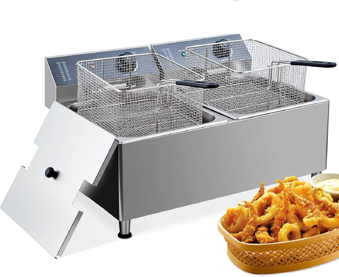 Commercial 3400W Dual 11L\/3.3Gal Deep Fryer - 201 Stainless Steel Countertop System with Oil Filtration & Adjustable Baskets for Food Trucks, Catering Services, Restaurants