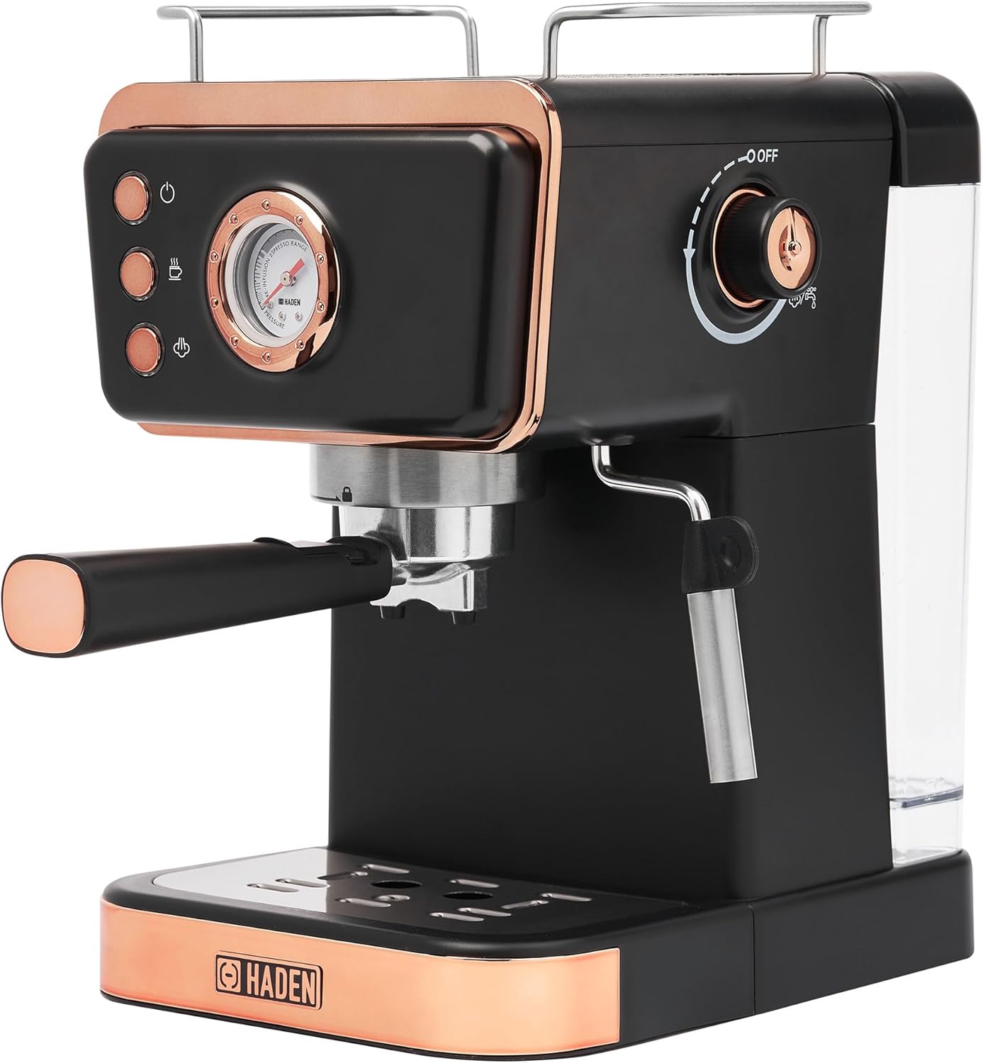 HADEN Barista Brew Espresso Coffee Machine, Stainless Steel Espresso Maker with Milk Frother and Steamer Function and 1.5L Water Tank, Black & Copper