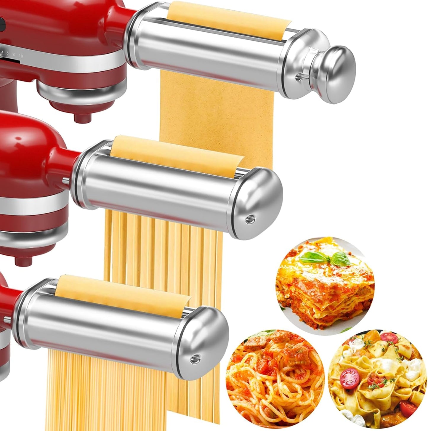 Pasta Maker Attachment for All Kitchenaid Stand Mixers, 3 PCS Kitchen Aid Pasta Attachments Included Pasta Dough Roller, Fettuccine Cutter, Spaghetti Cutter and Cleaning Brush