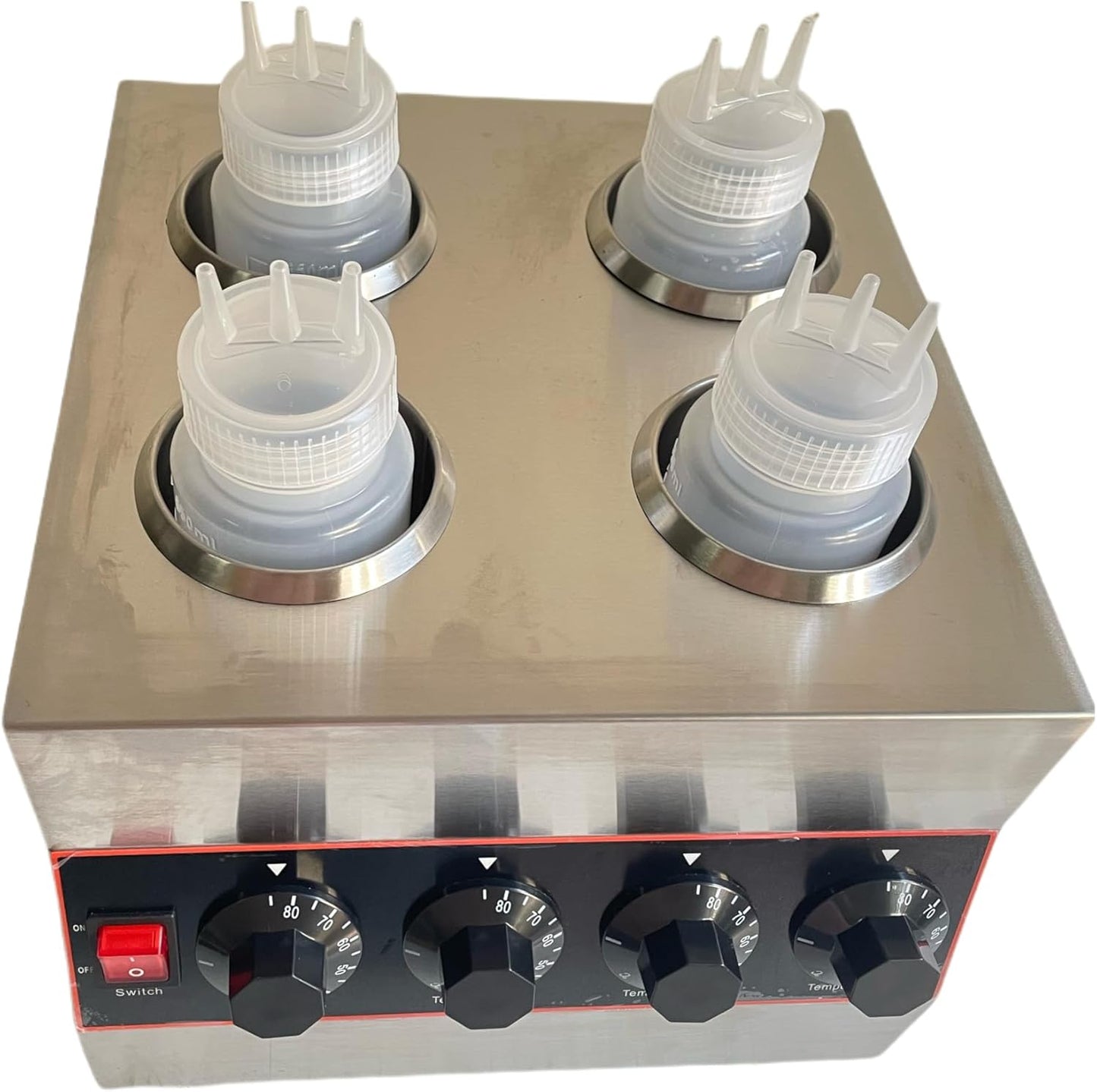 Commercial Stainless Steel Hot Chocolate Sauce Warmer Cheese Sauce Bottle Dispenser - Electric Food Sauce Warmer with 4 x 650ml Squeeze Bottles