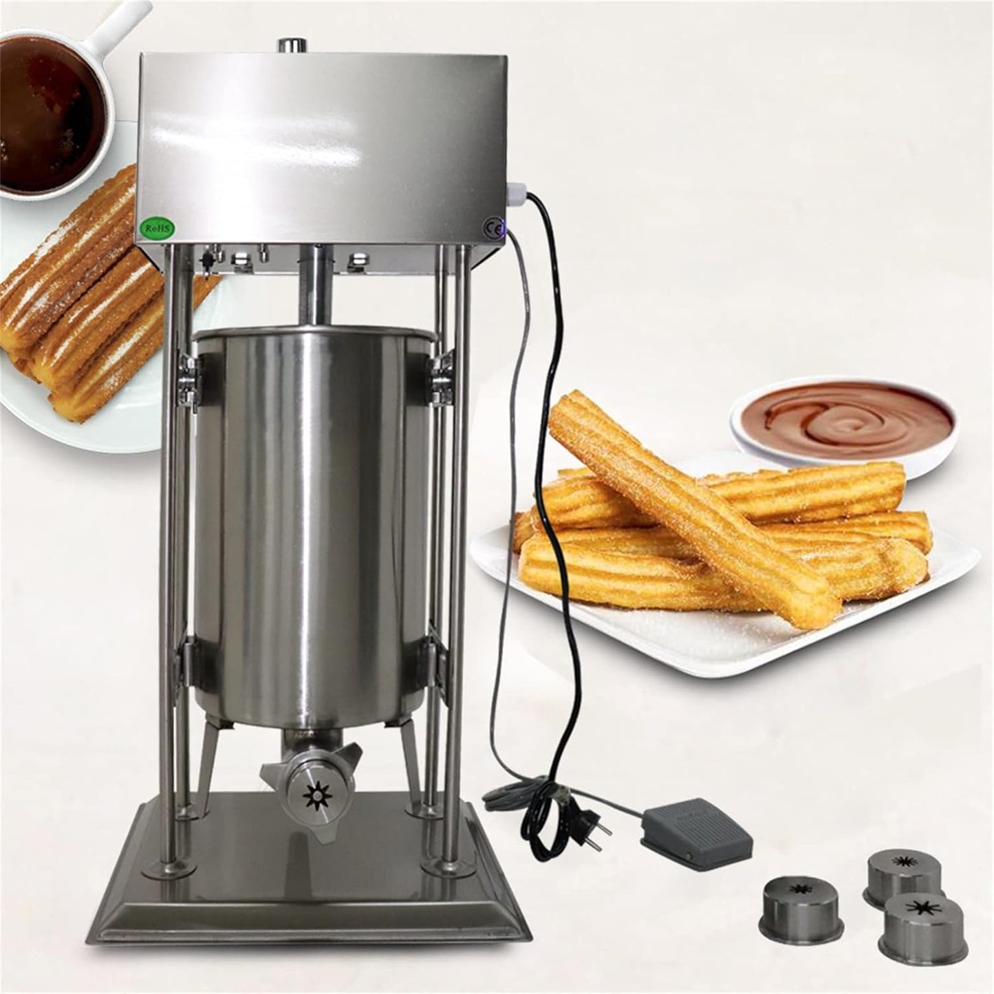 Electric Churros Machine 15L Commercial Spanish Churro Machine Automatic Latin Fruit Donut Machine Jam Fillable Hollow Churros Vertical Sausage Stuffer Machine with 4 Nozzles Heavy Duty