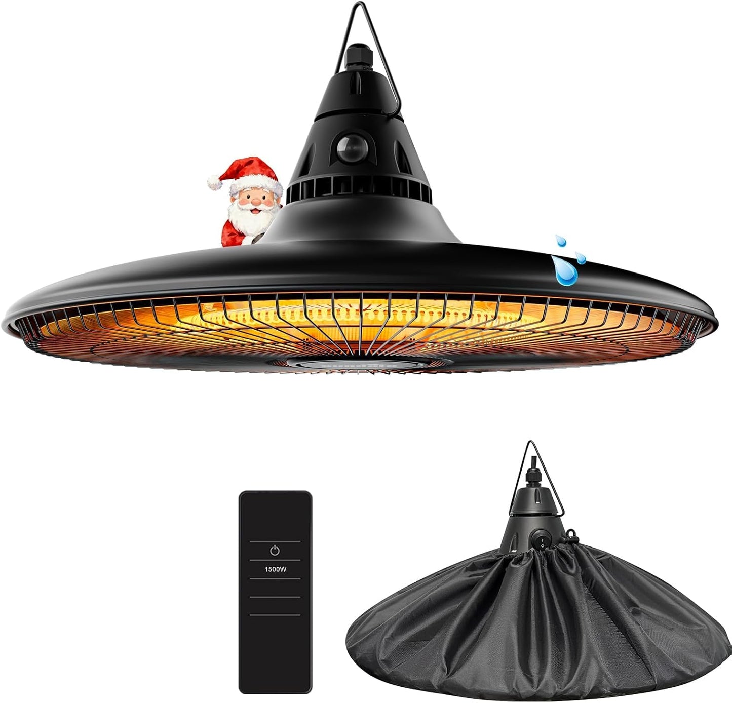Hanging Heater, 1500W Outdoor Electric Patio Ceiling Heater with Remote Control, Infrared for Courtyard, Garage, Patio, Overheat & Tip-Over Protection, IP65 Waterproof (Black)