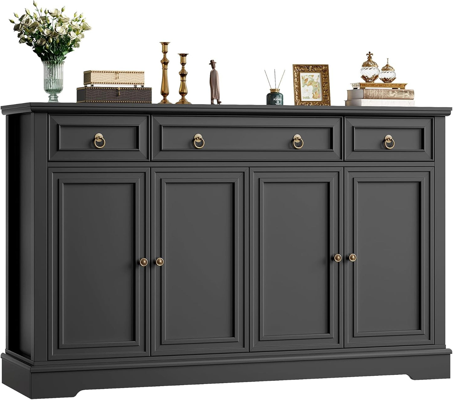 FINETONES Buffet Cabinet with Storage, 52.7" Large Sideboard Buffet Table, Black Kitchen Cabinet with 3 Drawers and 4 Doors, Wood Coffee Bar for Kitchen Dining Room, Black