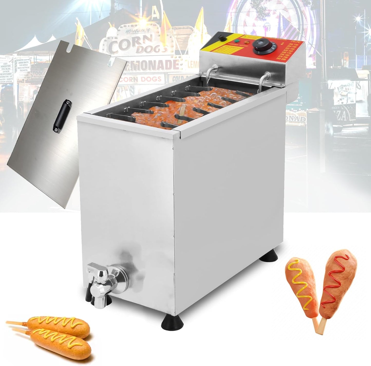 INTSUPERMAI Commercial Electric Corn Dog Fryer Machine, 110V/1.8KW, 25L Large Capacity, Temp. Range 140℉-392℉, 12 Stick Holders, Electric Deep Fryer for Hot Dog, Corn Dog, Fried Chicken