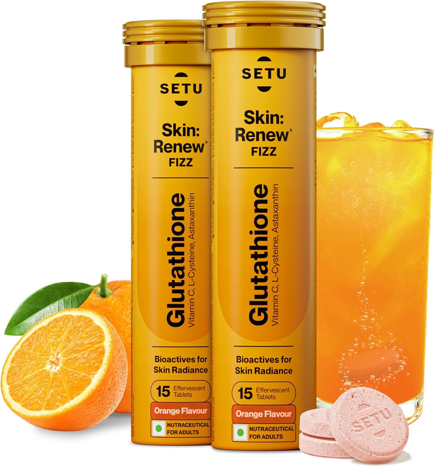 SETU Skin Renew, Glutathione with Vitamin C, Gluta Fizz, Supports Detoxification, Sugar-Free, Orange Flavour, 30 Effervescent Tablets