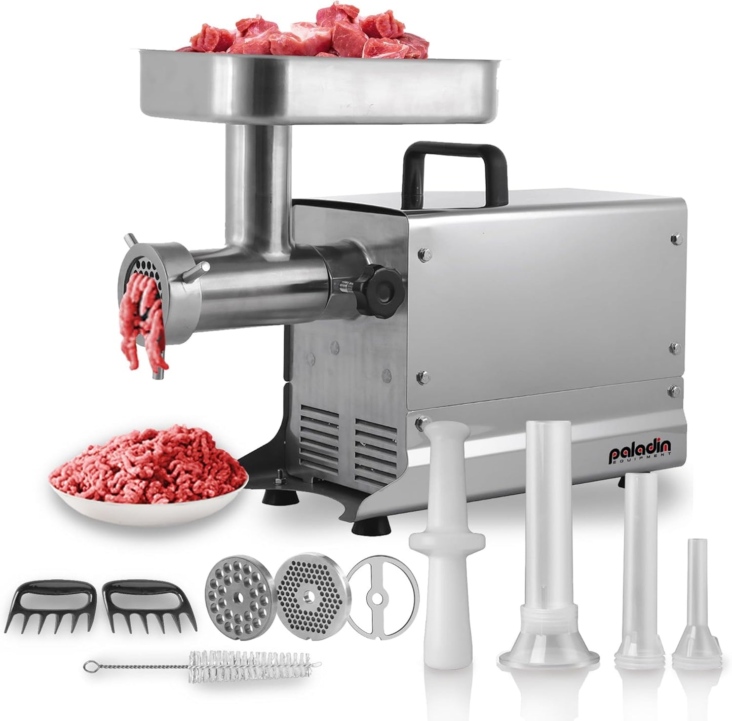 Paladin Equipment #8 Commercial Stainless Steel Electric Meat Grinder Machine, 400lbs\/h, 0.4HP Heavy Duty Meat Grinder with Sausage Stuffer for deer processing, Pet Food, Heavy Use